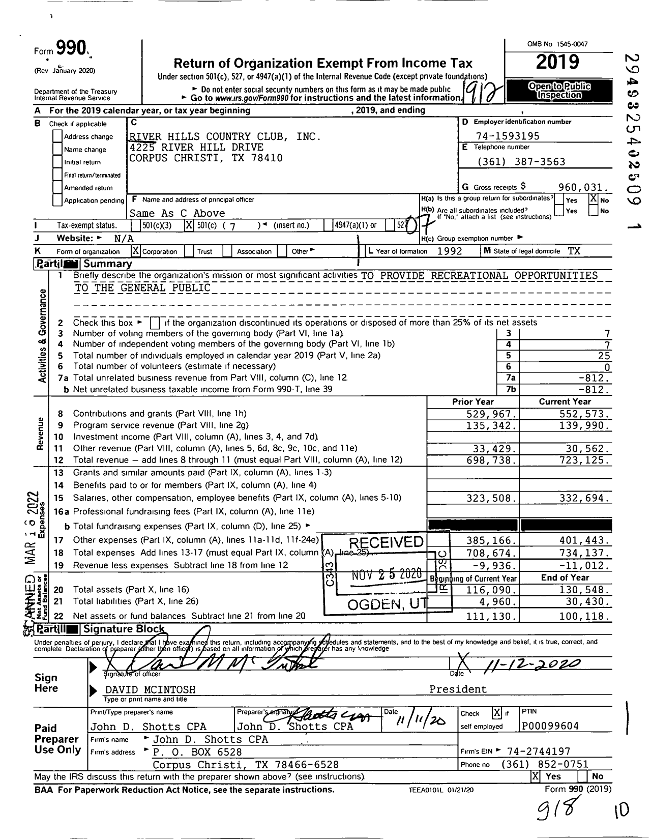 Image of first page of 2019 Form 990O for River Hills Country Club