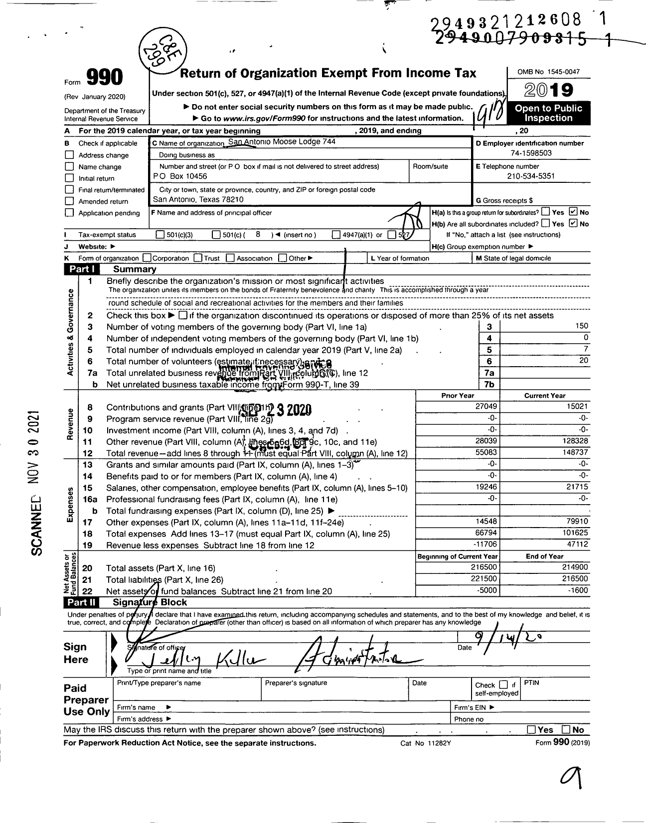 Image of first page of 2019 Form 990O for Loyal Order of Moose - 744