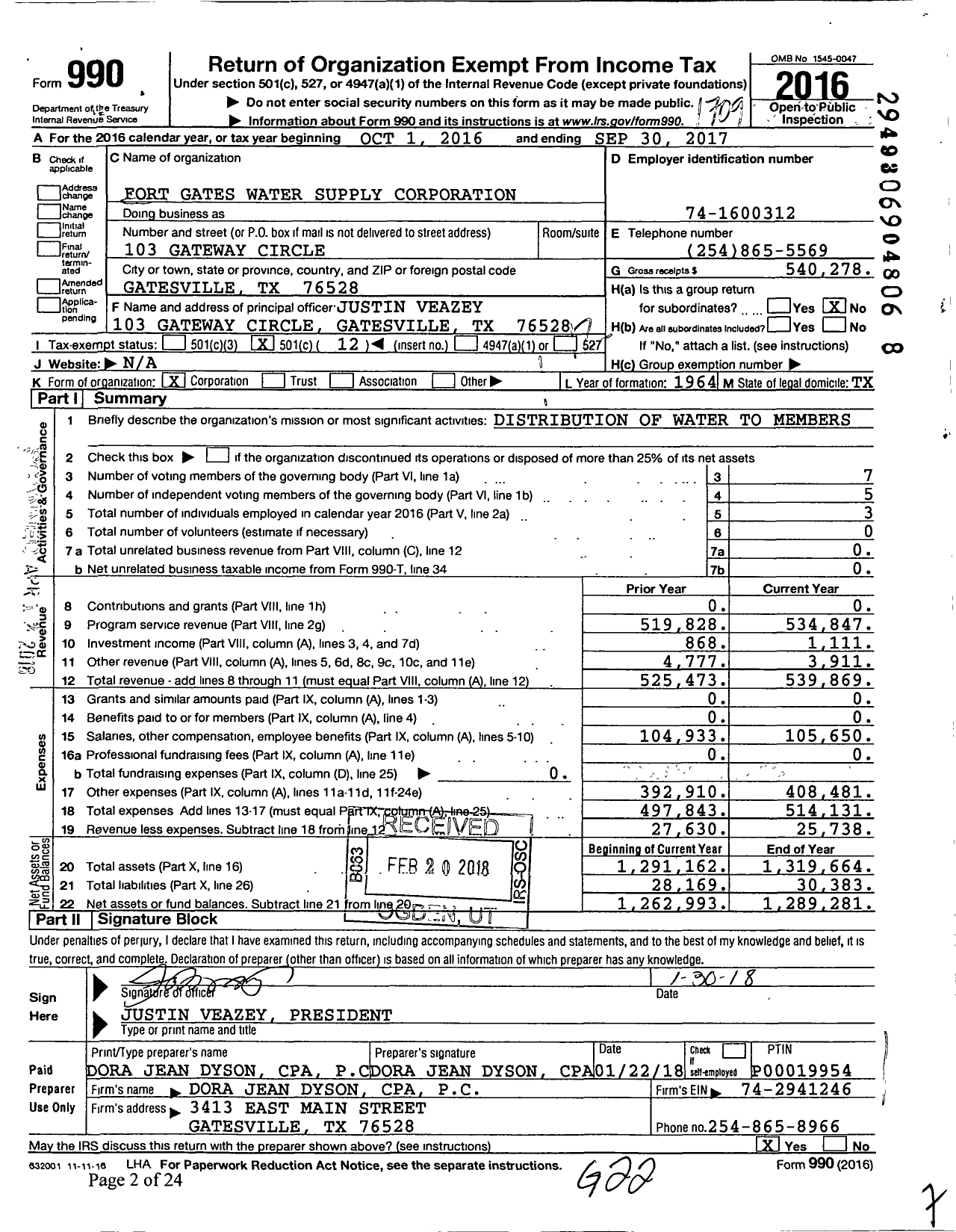 Image of first page of 2016 Form 990O for Fort Gates Water Supply Corporation