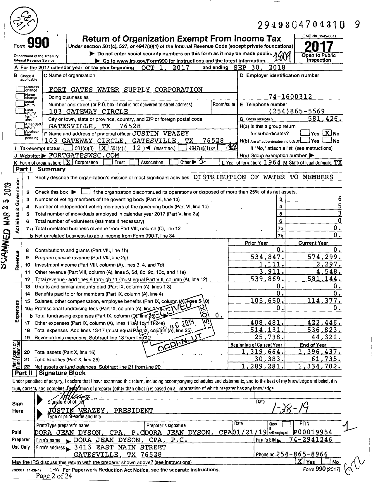 Image of first page of 2017 Form 990O for Fort Gates Water Supply Corporation