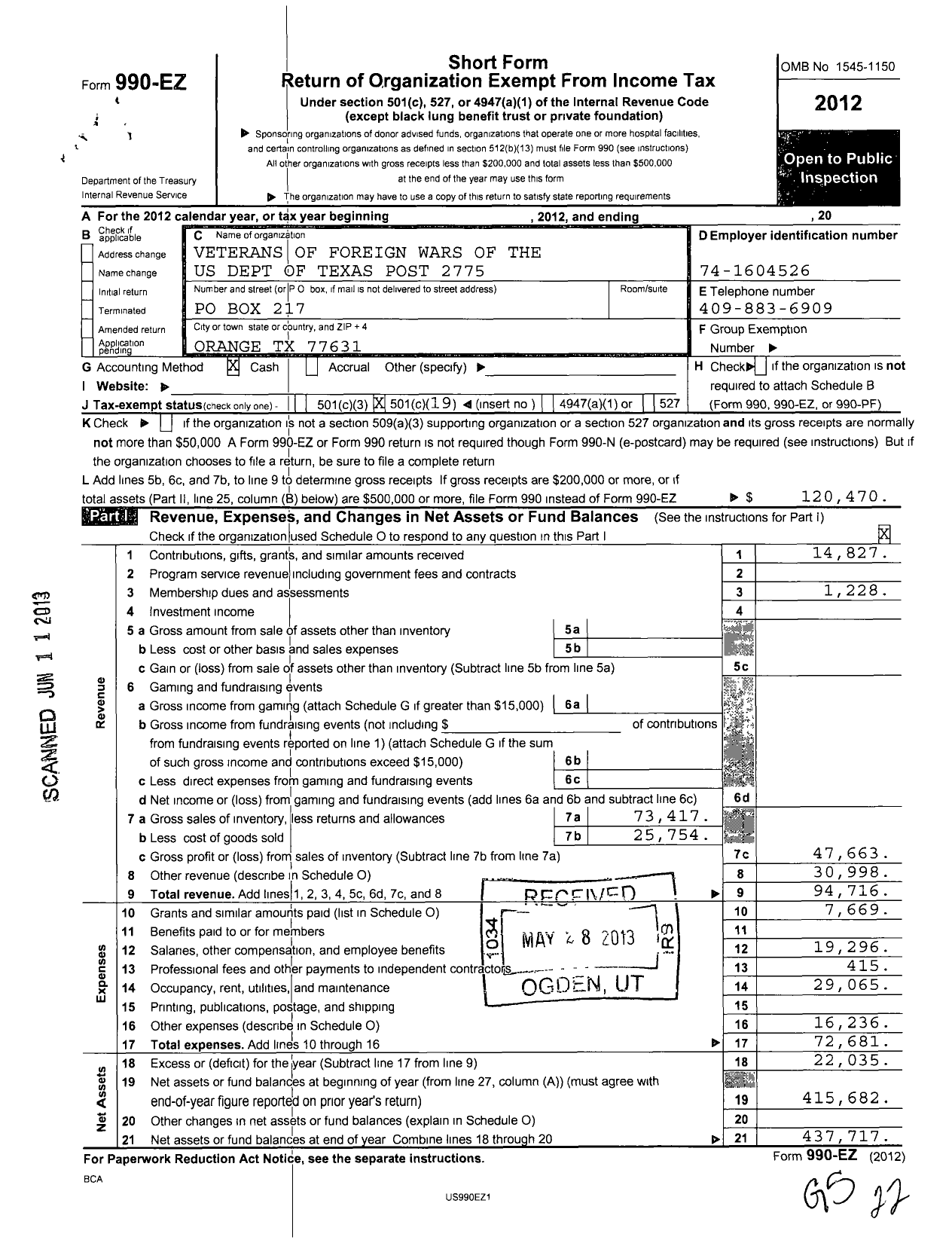 Image of first page of 2012 Form 990EO for Texas VFW - 2775 Orange