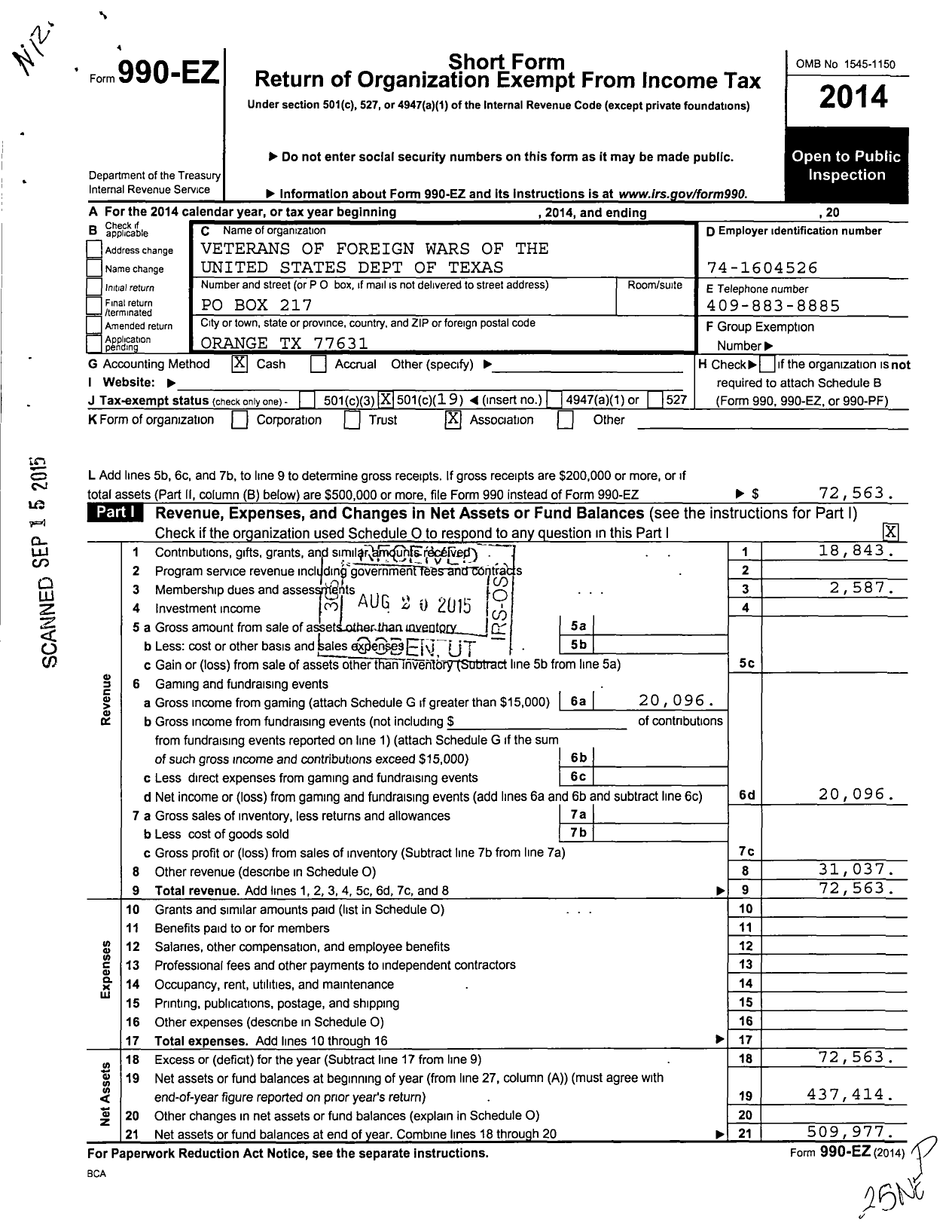 Image of first page of 2014 Form 990EO for Texas VFW - 2775 Orange