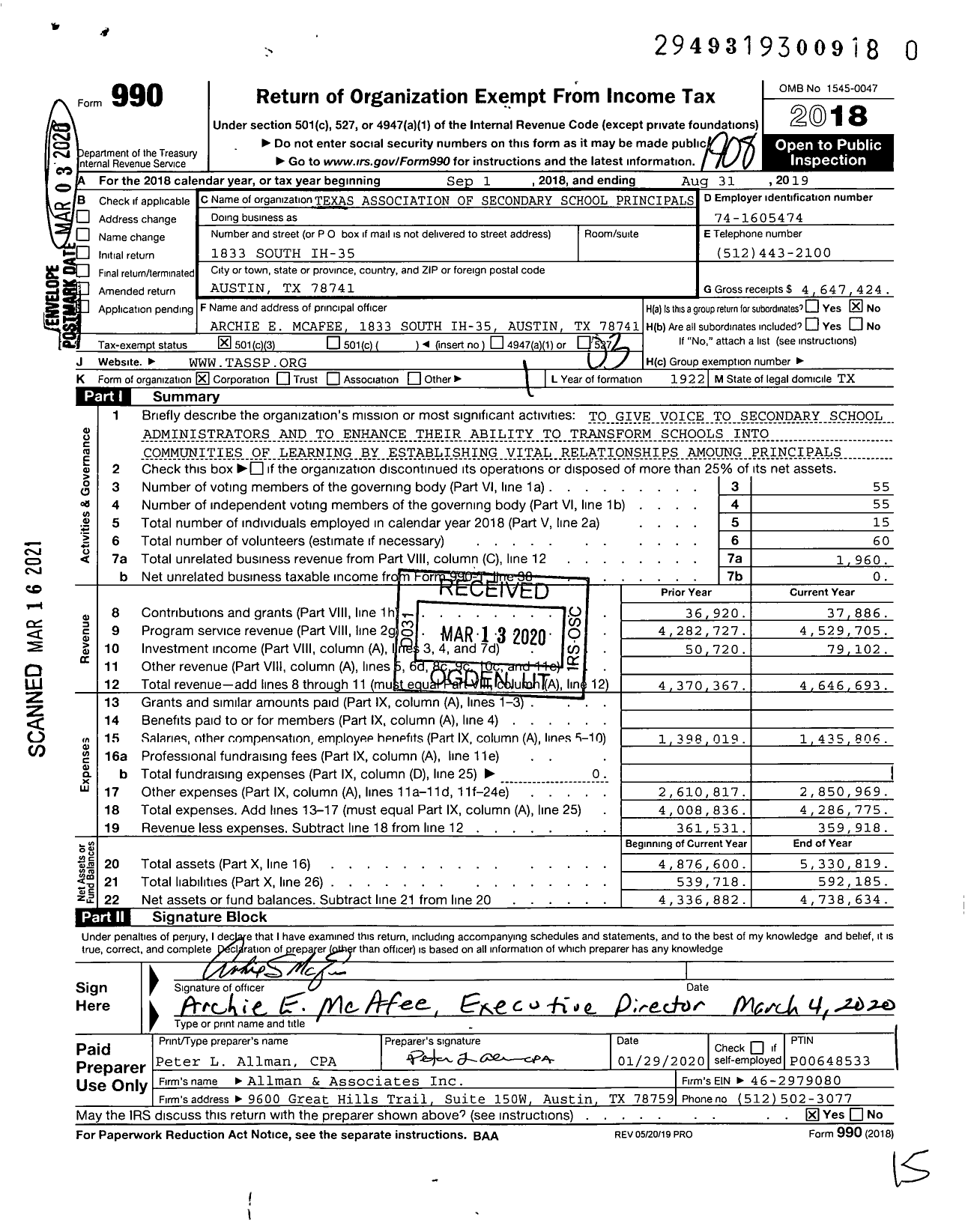 Image of first page of 2018 Form 990 for Texas Association of Secondary School Principals
