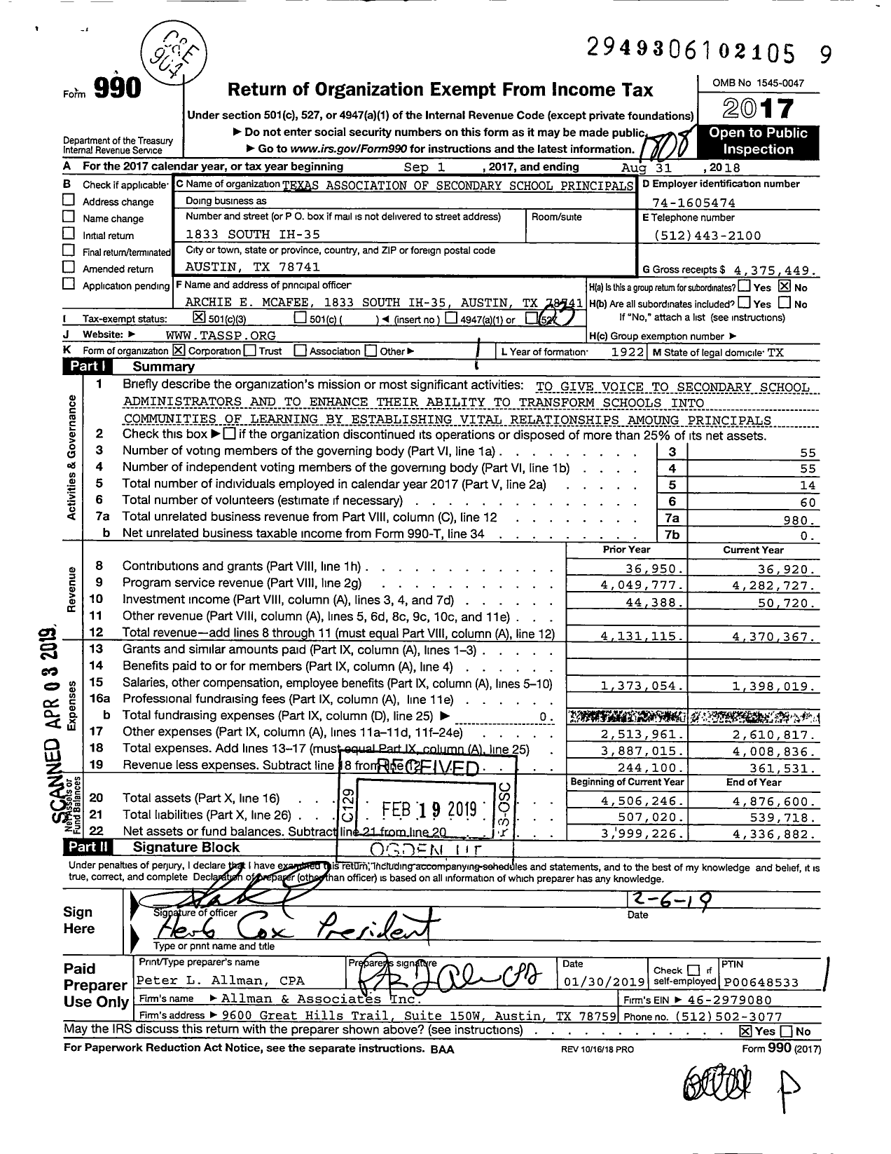 Image of first page of 2017 Form 990 for Texas Association of Secondary School Principals