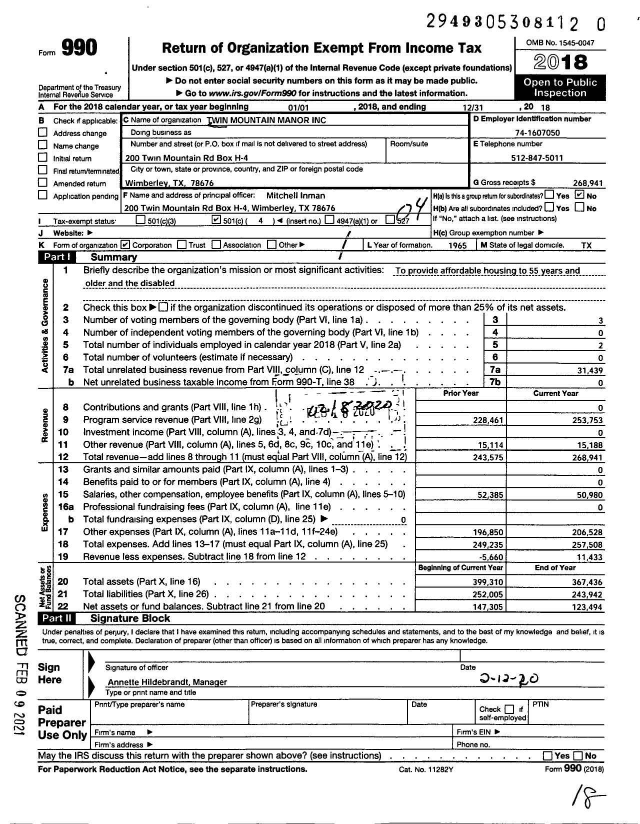 Image of first page of 2018 Form 990O for Twin Mountain Manor