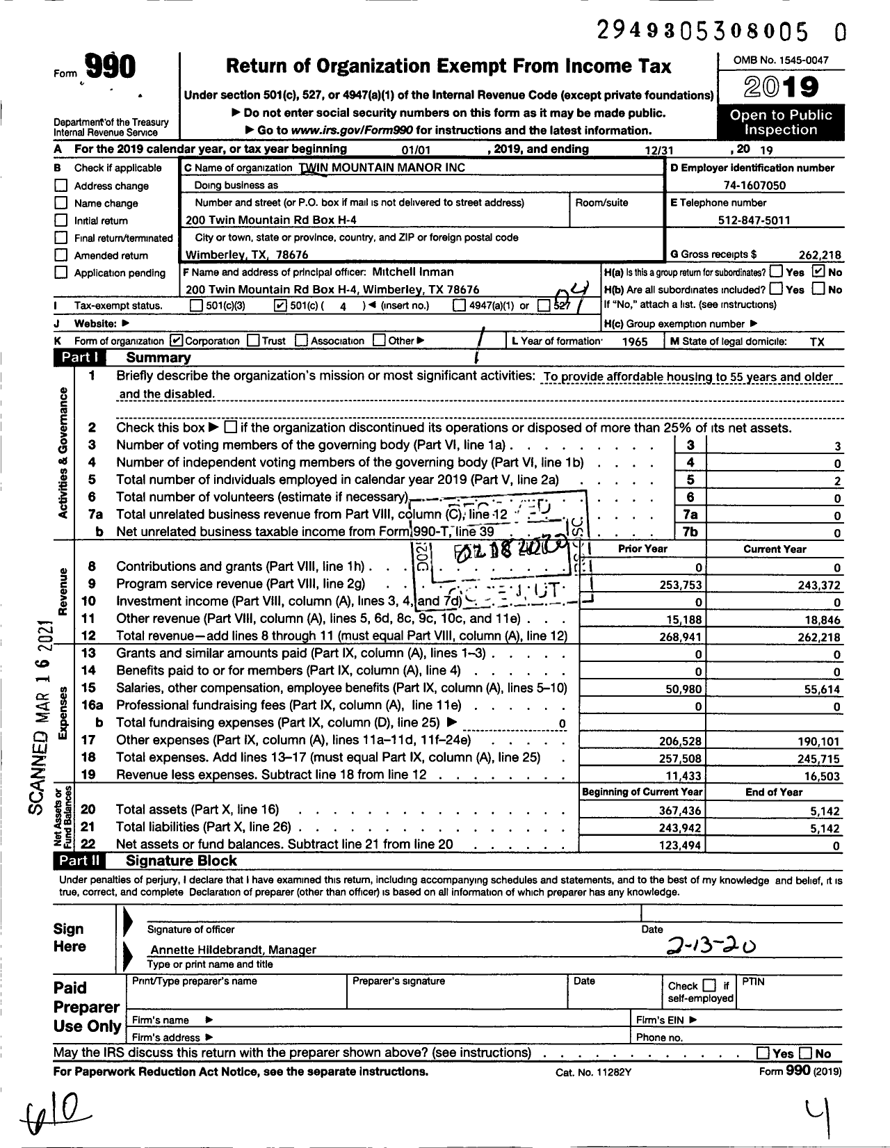 Image of first page of 2019 Form 990O for Twin Mountain Manor