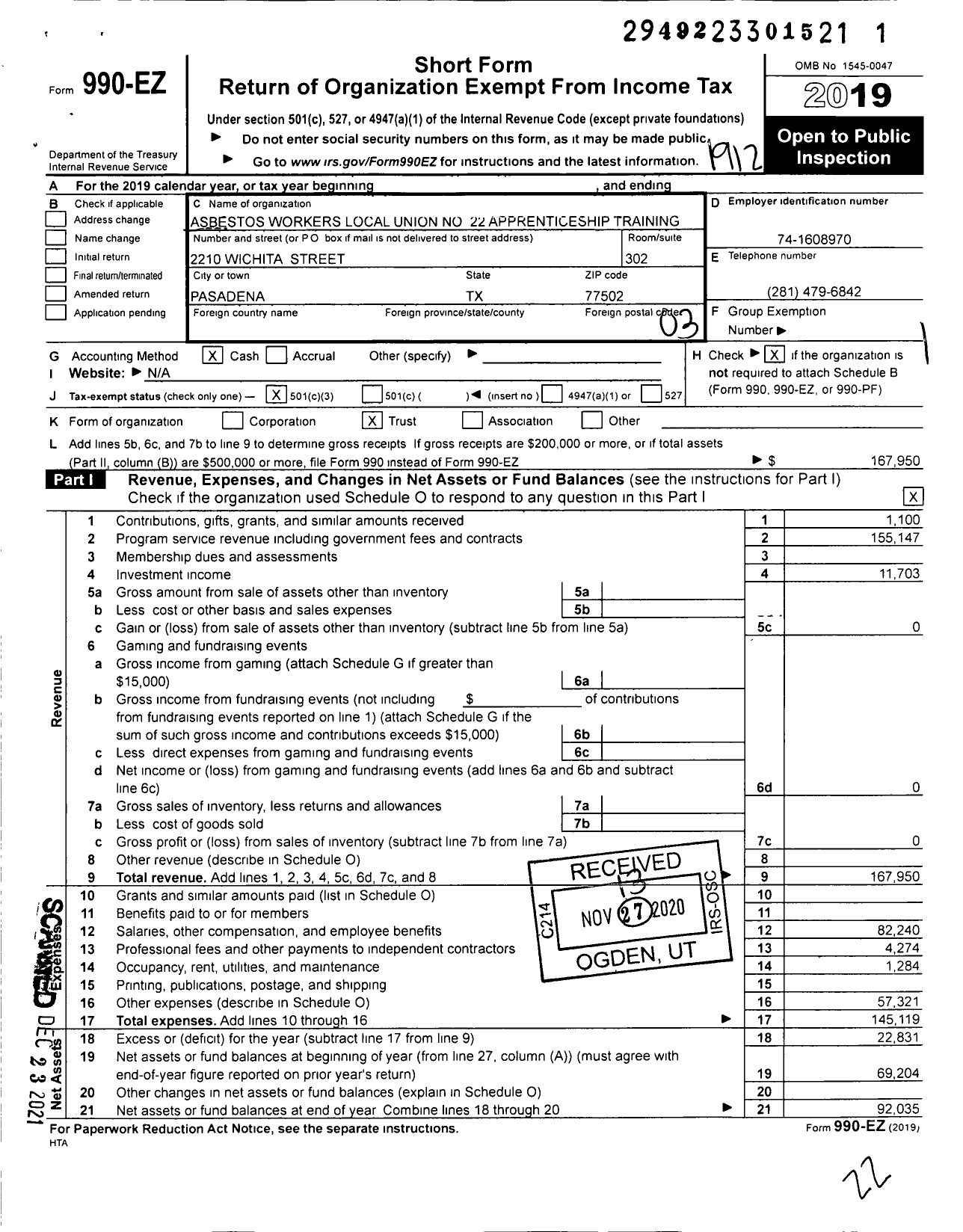 Image of first page of 2019 Form 990EZ for Asbestos Workers Local 22 Apprenticeship Training