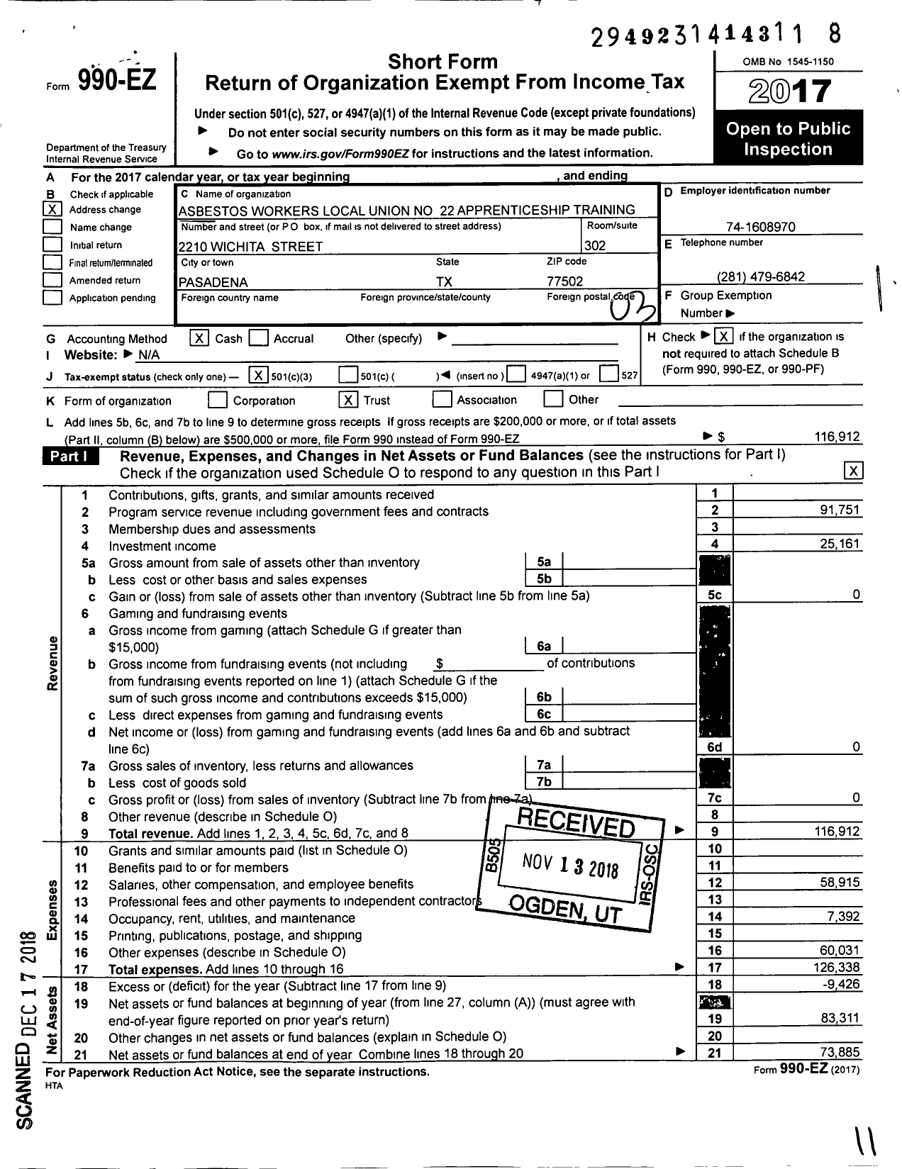 Image of first page of 2017 Form 990EZ for Asbestos Workers Local 22 Apprenticeship Training