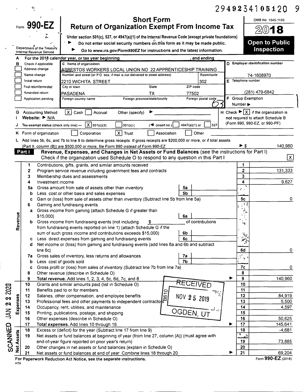 Image of first page of 2018 Form 990EZ for Asbestos Workers Local 22 Apprenticeship Training