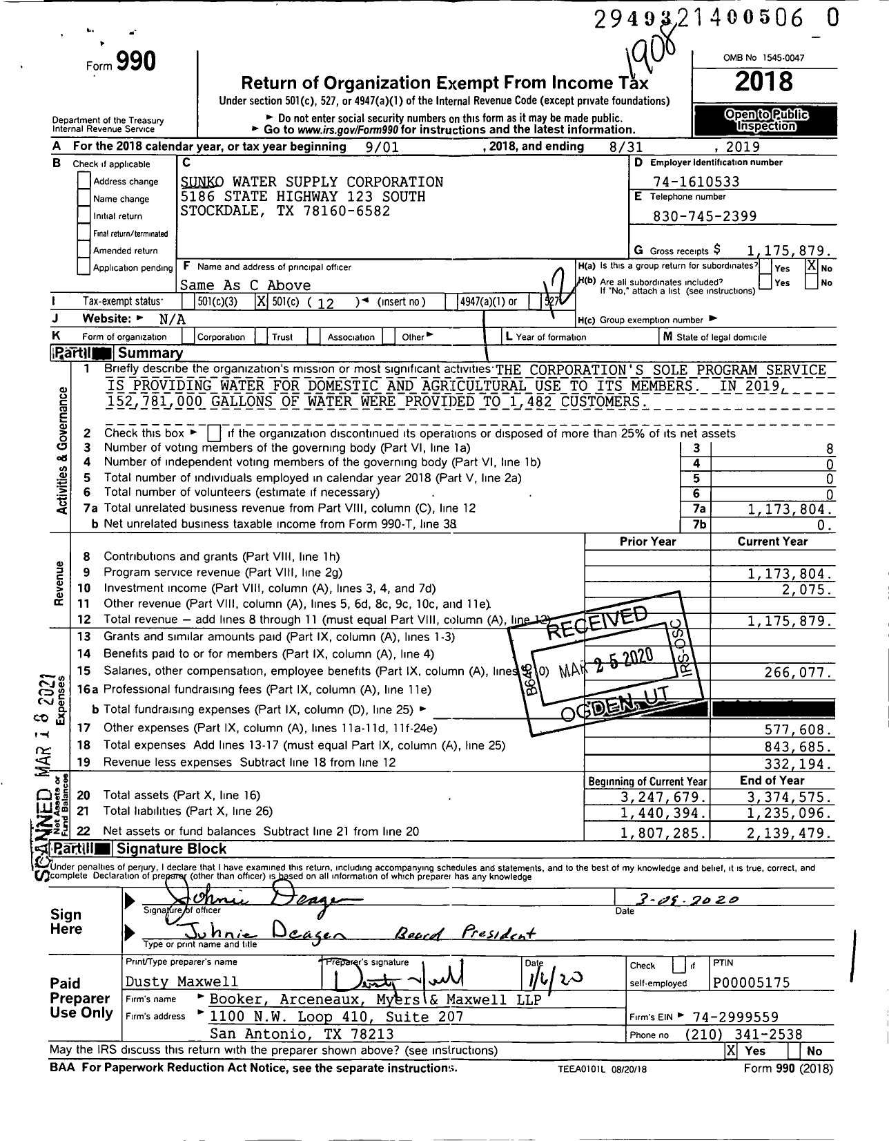 Image of first page of 2018 Form 990O for Sunko Water Supply Corporation