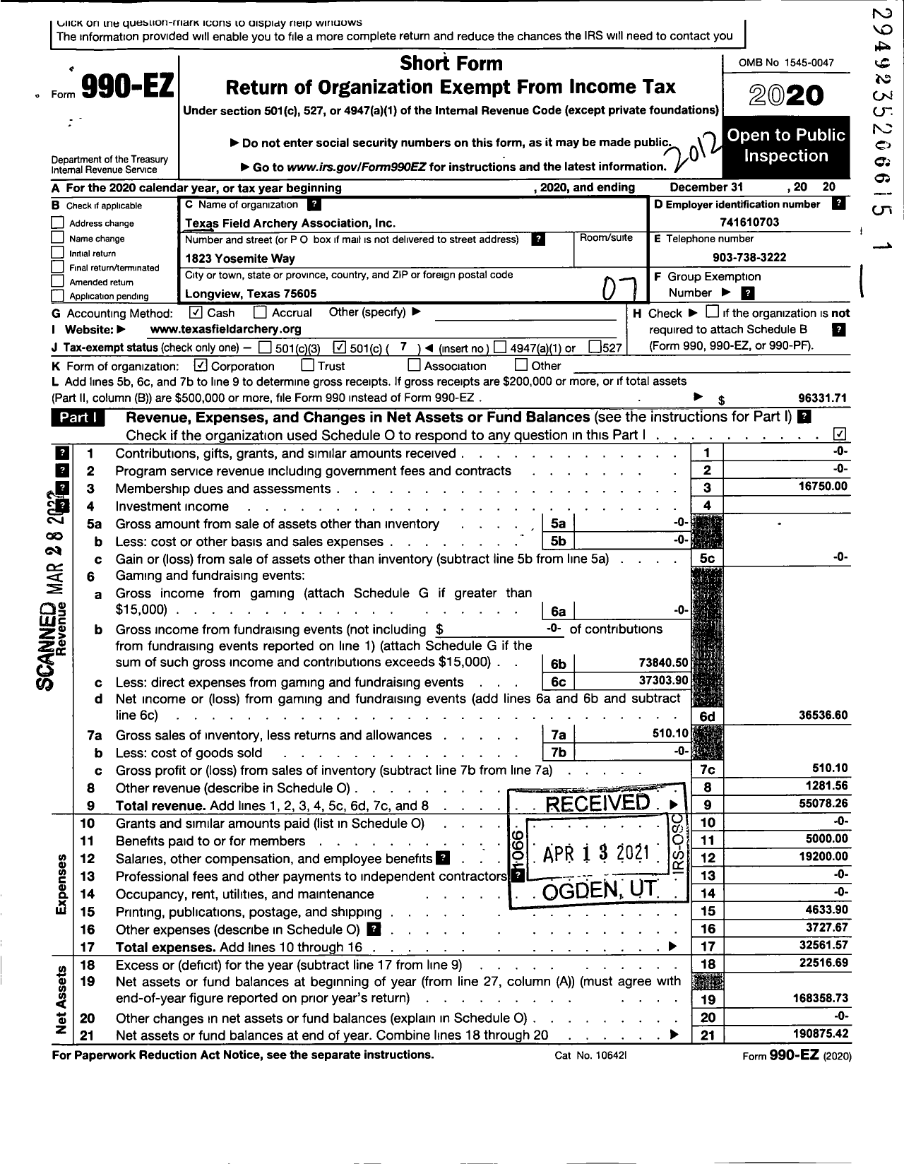 Image of first page of 2020 Form 990EO for Texas Field Archery Association