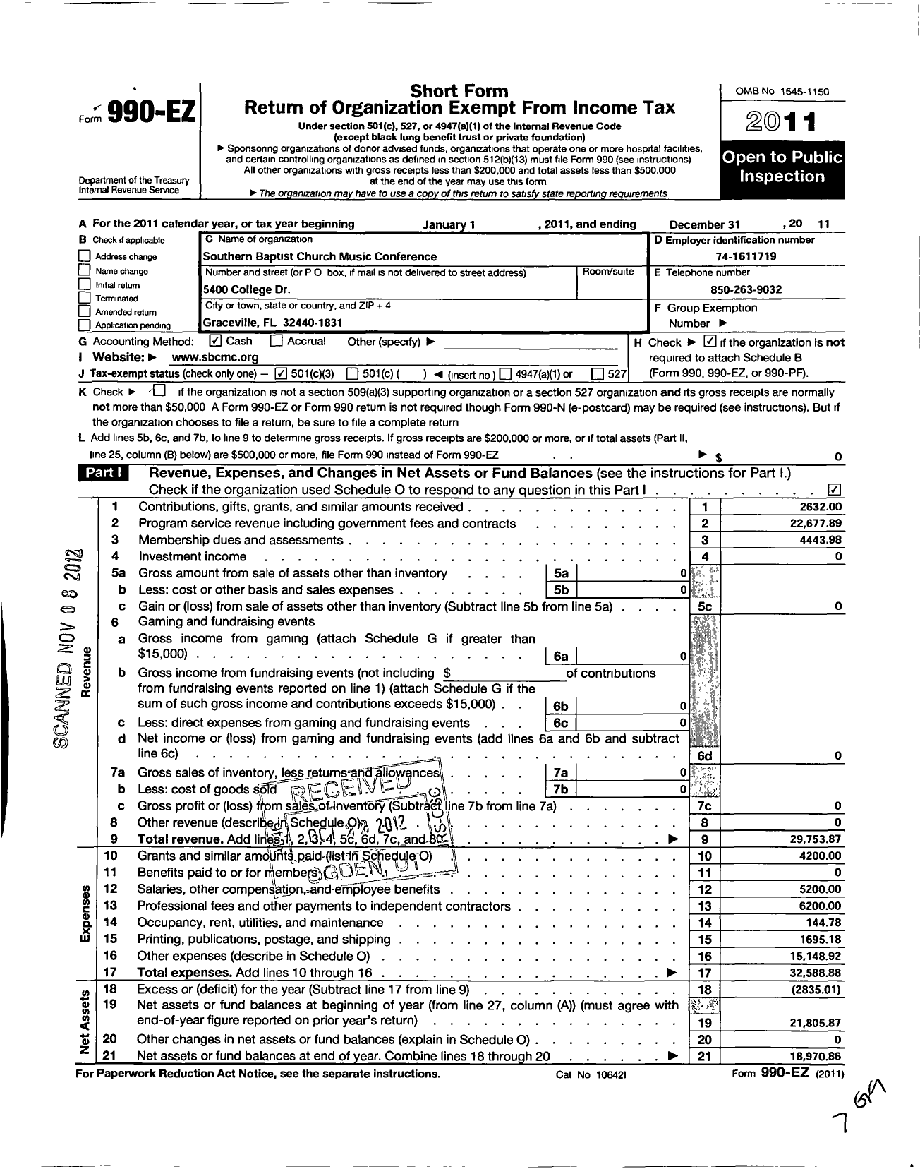 Image of first page of 2011 Form 990EZ for Southern Baptist Church Music Conference