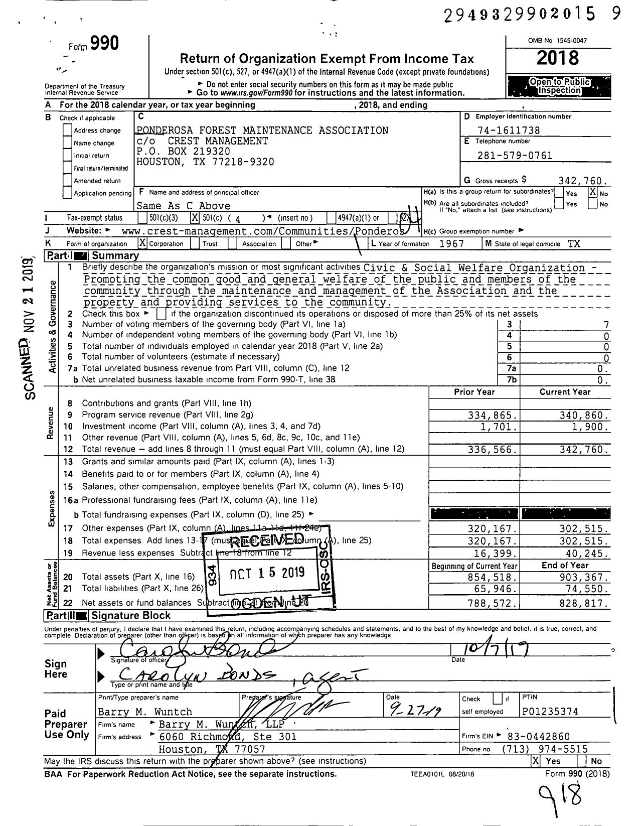 Image of first page of 2018 Form 990O for Ponderosa Forest Maintenance Association