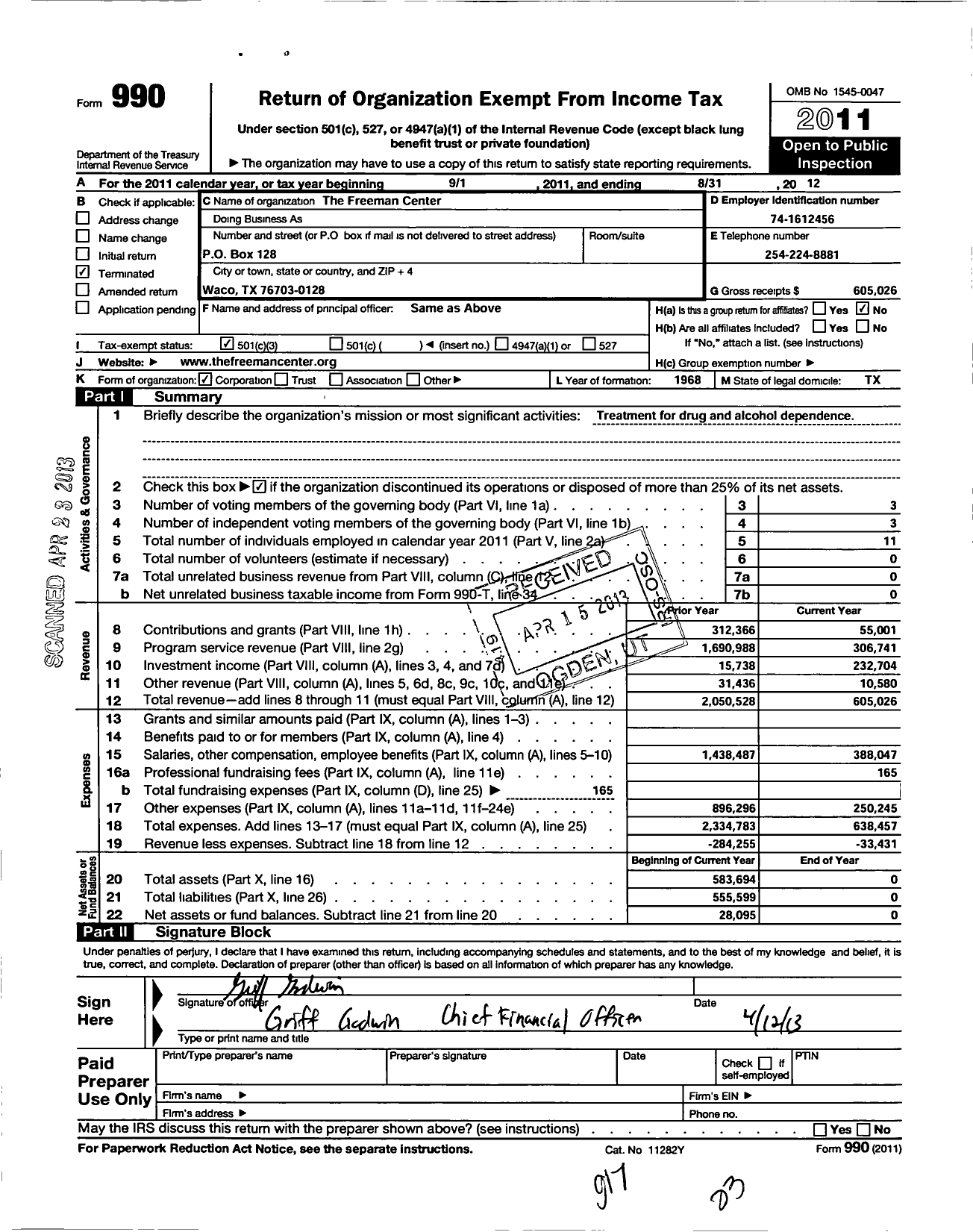 Image of first page of 2011 Form 990 for Freeman Center