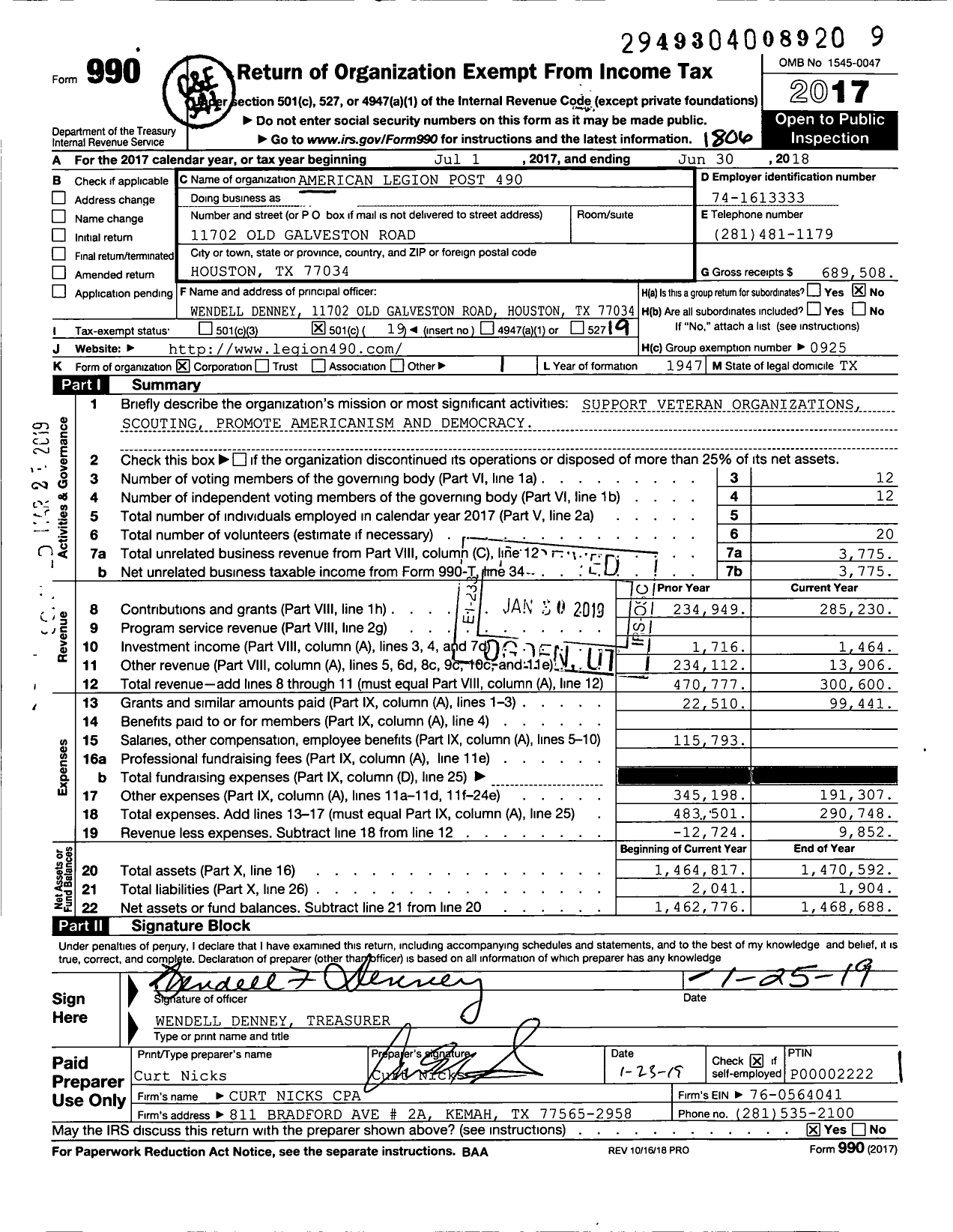 Image of first page of 2017 Form 990O for AMERICAN LEGION Post 490