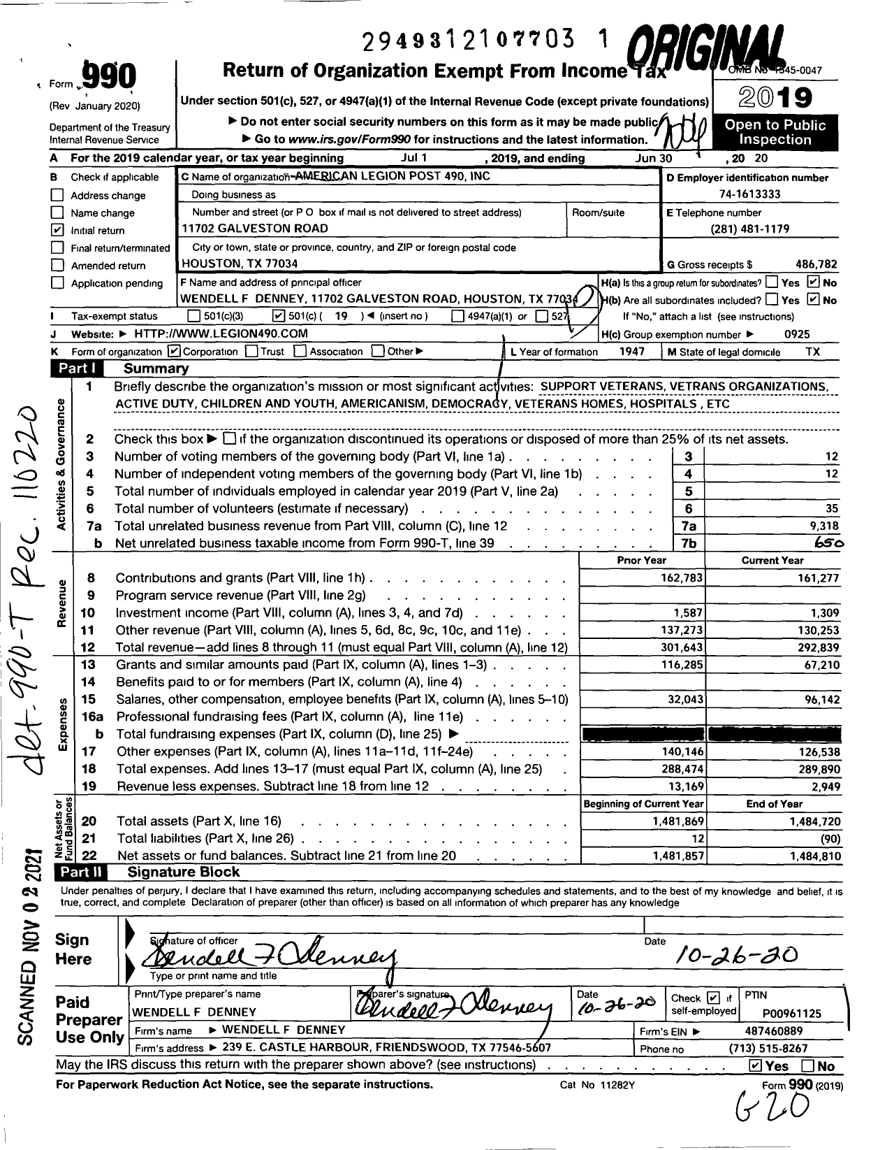 Image of first page of 2019 Form 990O for AMERICAN LEGION Post 490
