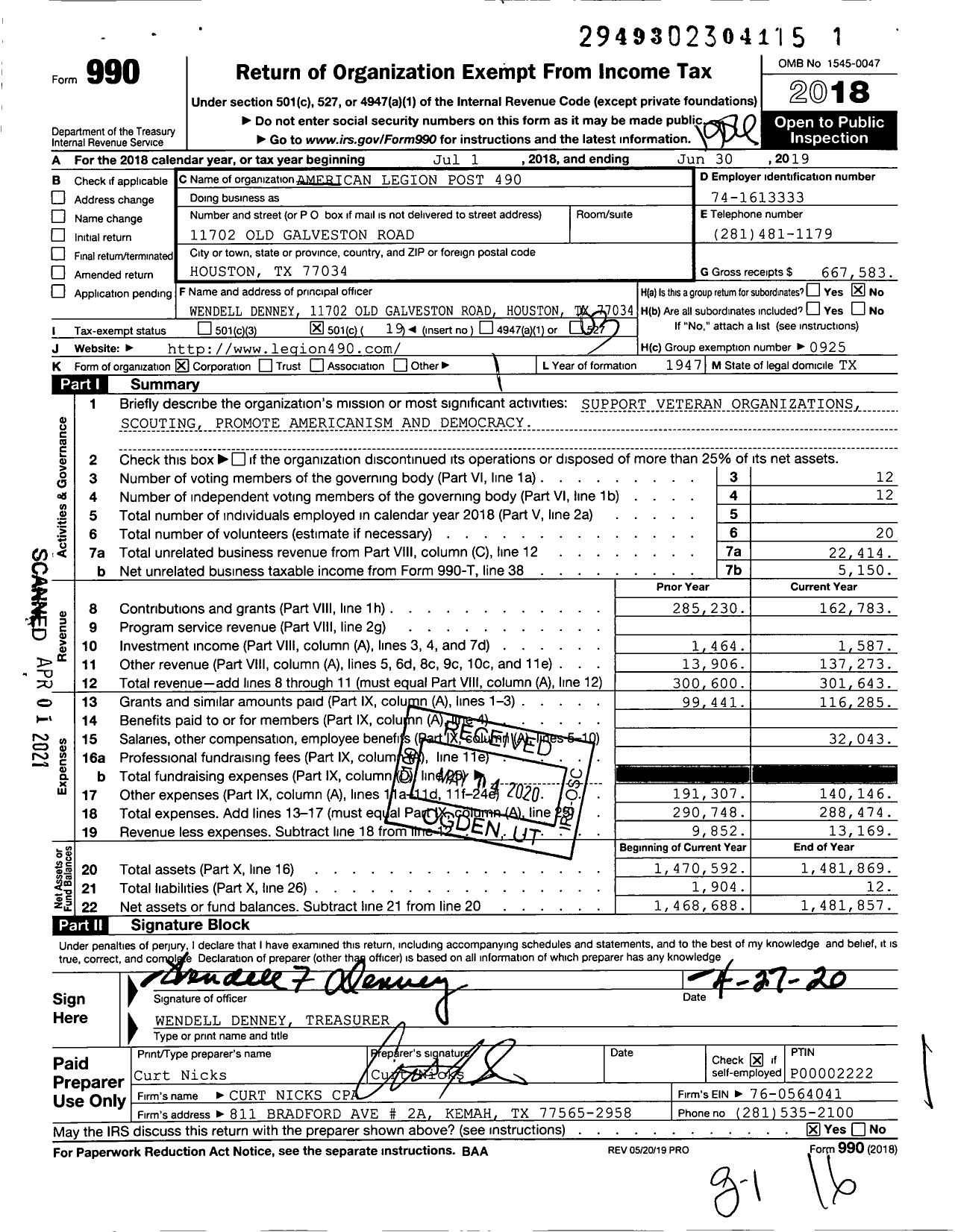Image of first page of 2018 Form 990 for AMERICAN LEGION Post 490