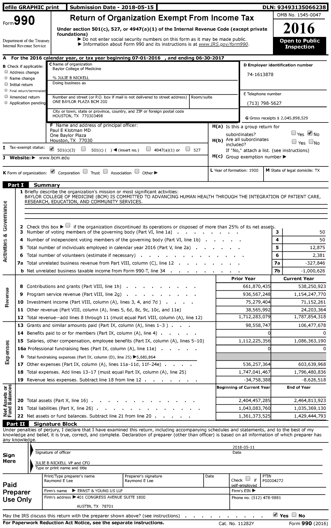 Image of first page of 2016 Form 990 for Baylor College of Medicine (BCM)