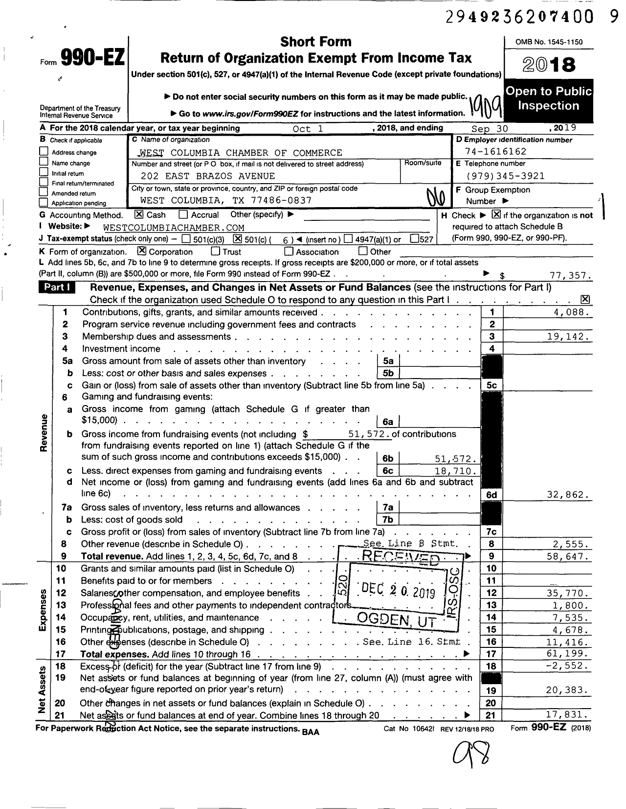 Image of first page of 2018 Form 990EO for West Columbia Chamber of Commerce