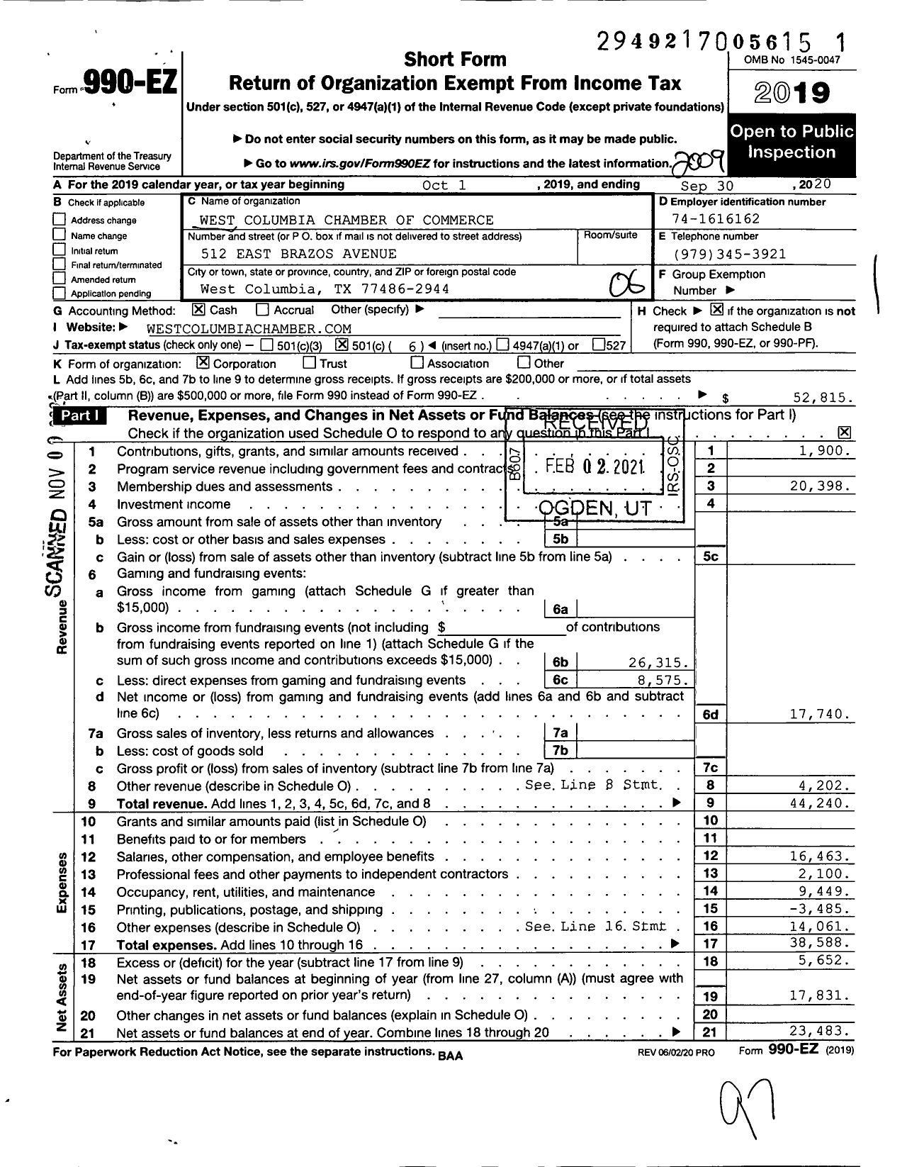 Image of first page of 2019 Form 990EO for West Columbia Chamber of Commerce