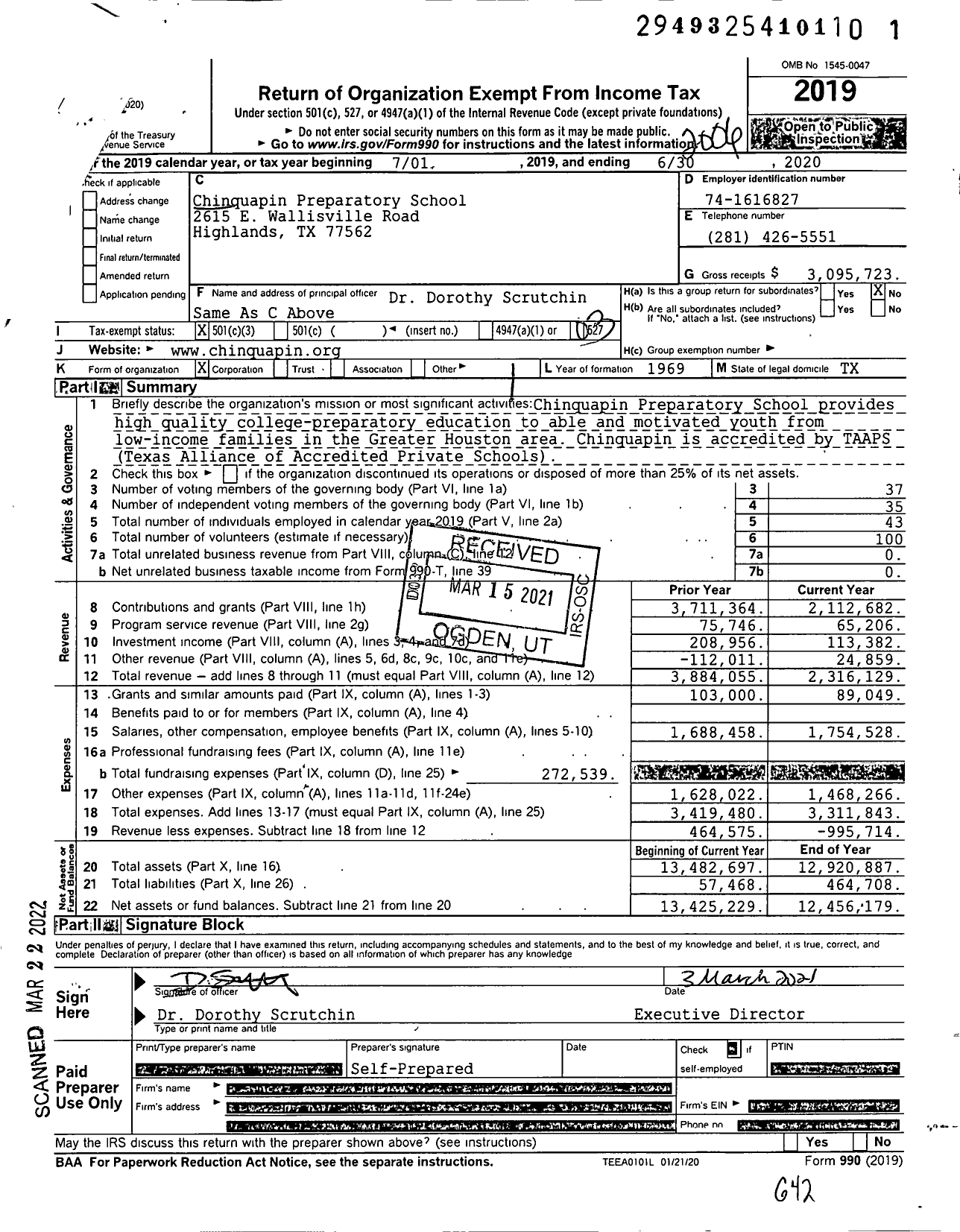 Image of first page of 2019 Form 990 for Chinquapin Preparatory School