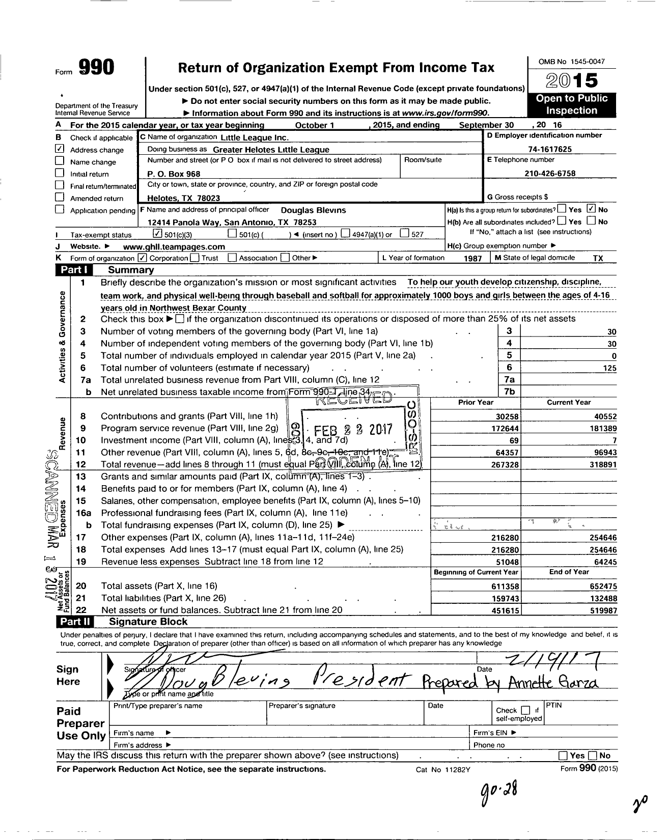 Image of first page of 2015 Form 990 for Little League Baseball - Greater Helotes Little League