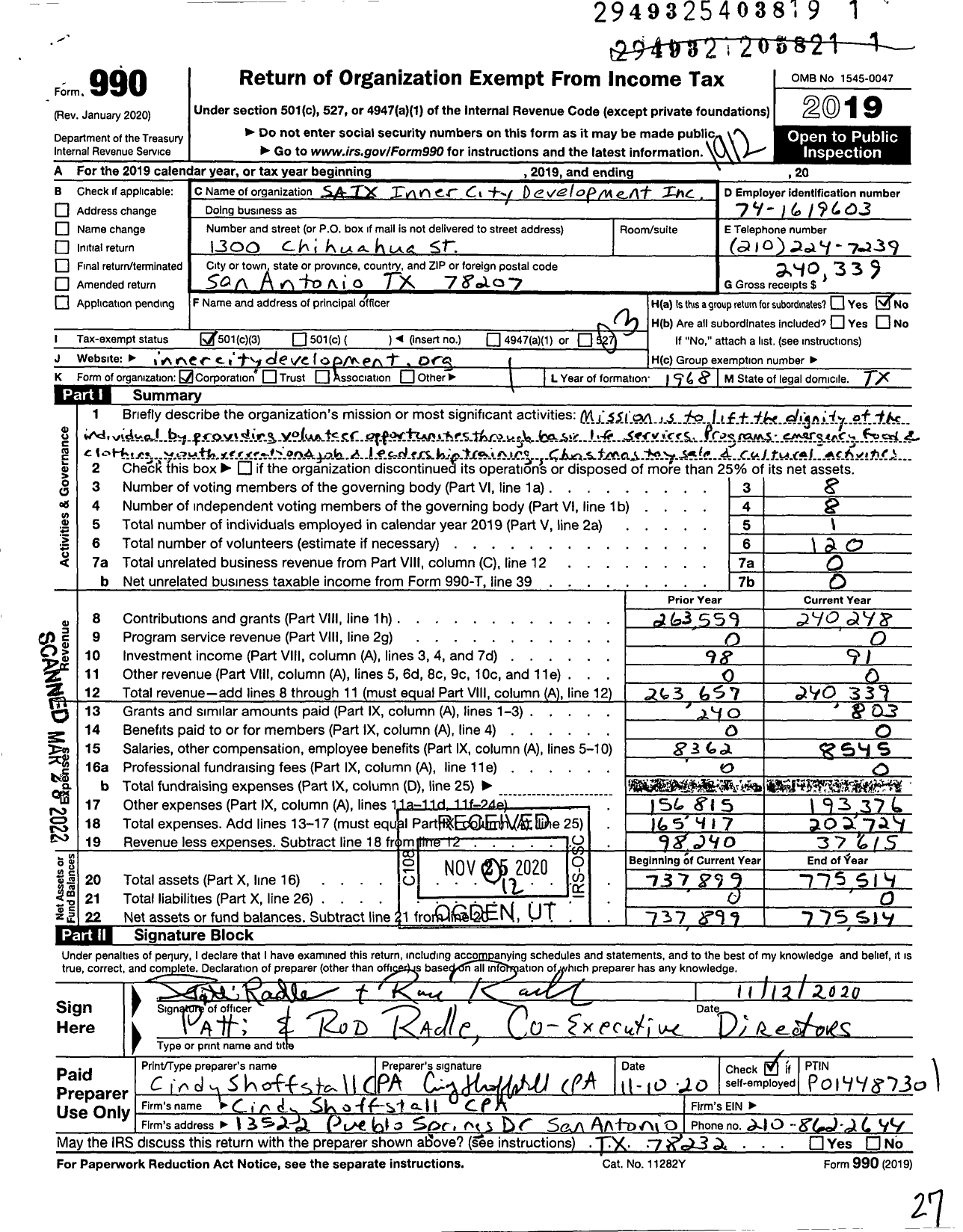 Image of first page of 2019 Form 990 for Satx TX Inner City Development