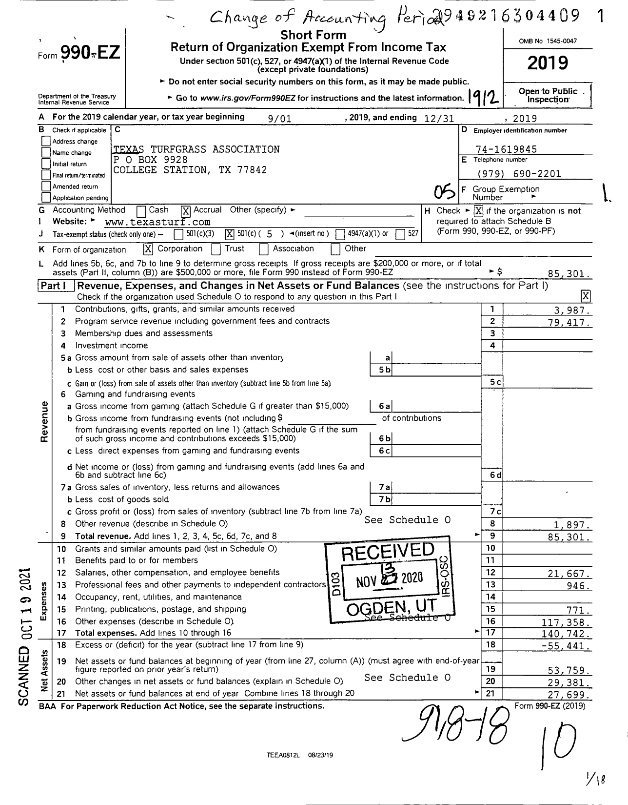 Image of first page of 2019 Form 990EO for Texas Turfgrass Association