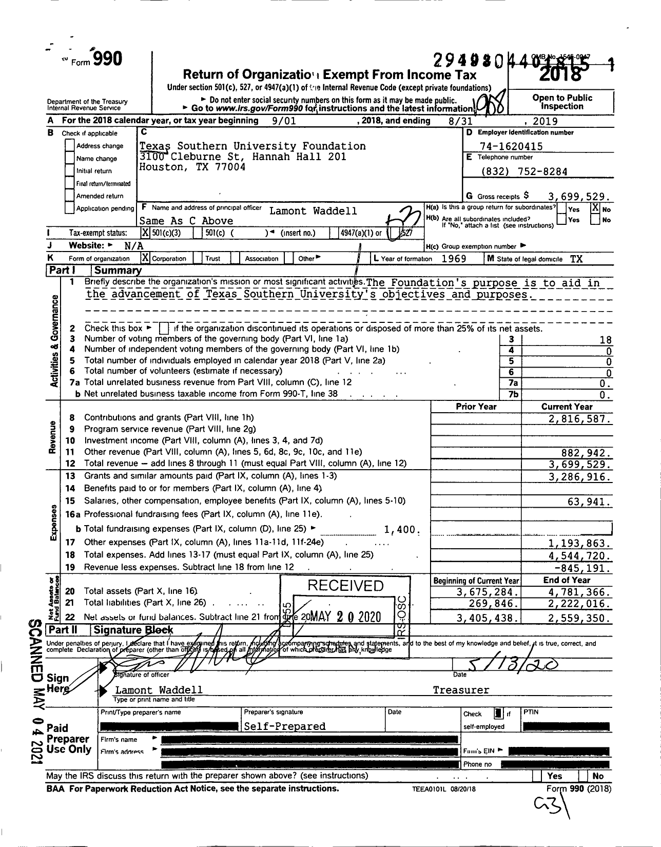 Image of first page of 2018 Form 990 for Texas Southern University Foundation