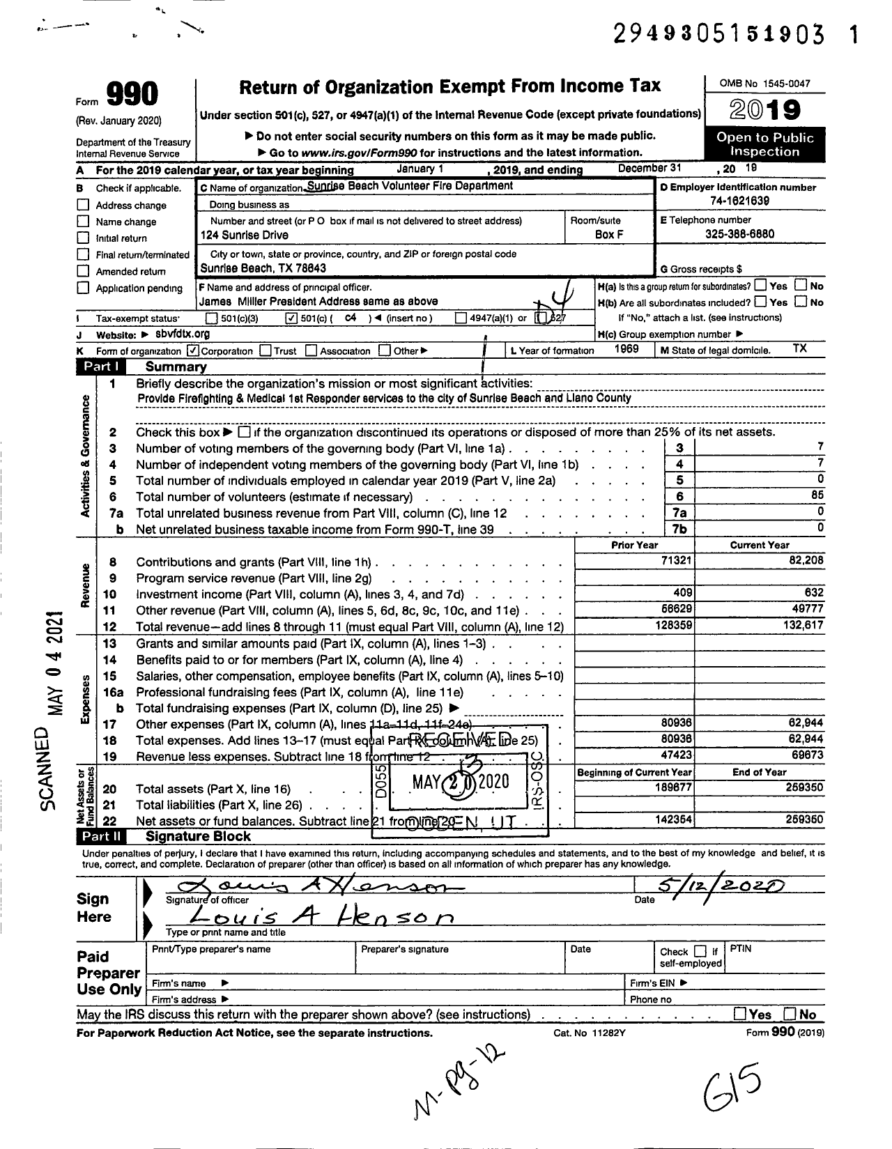 Image of first page of 2019 Form 990O for Sunrise Beach Volunteer Fire Department