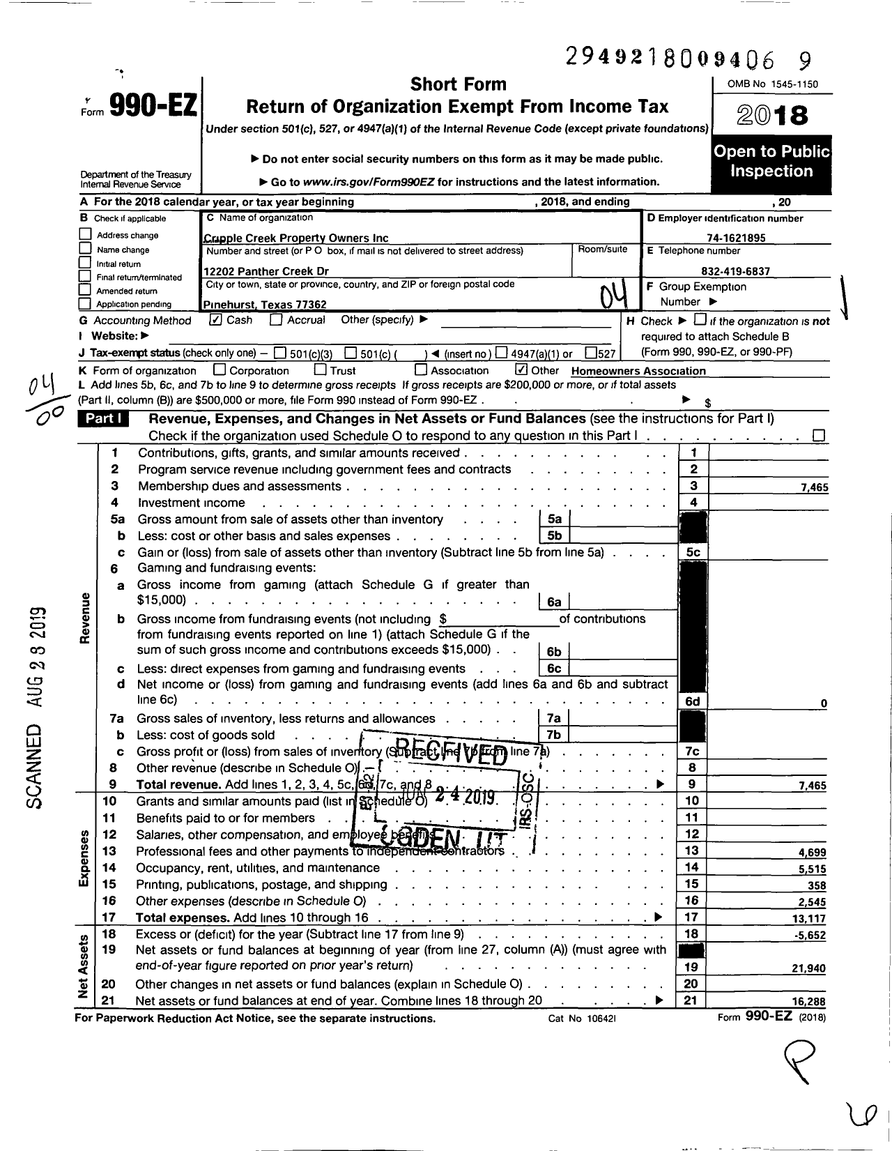 Image of first page of 2018 Form 990EO for Cripple Creek Property Owners