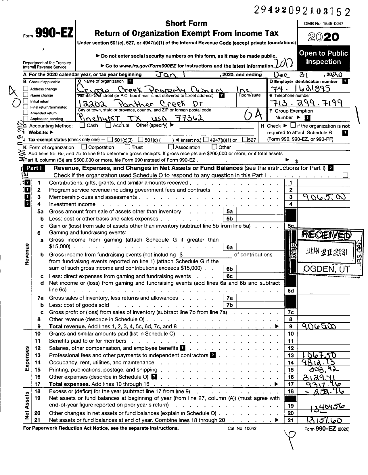 Image of first page of 2020 Form 990EO for Cripple Creek Property Owners