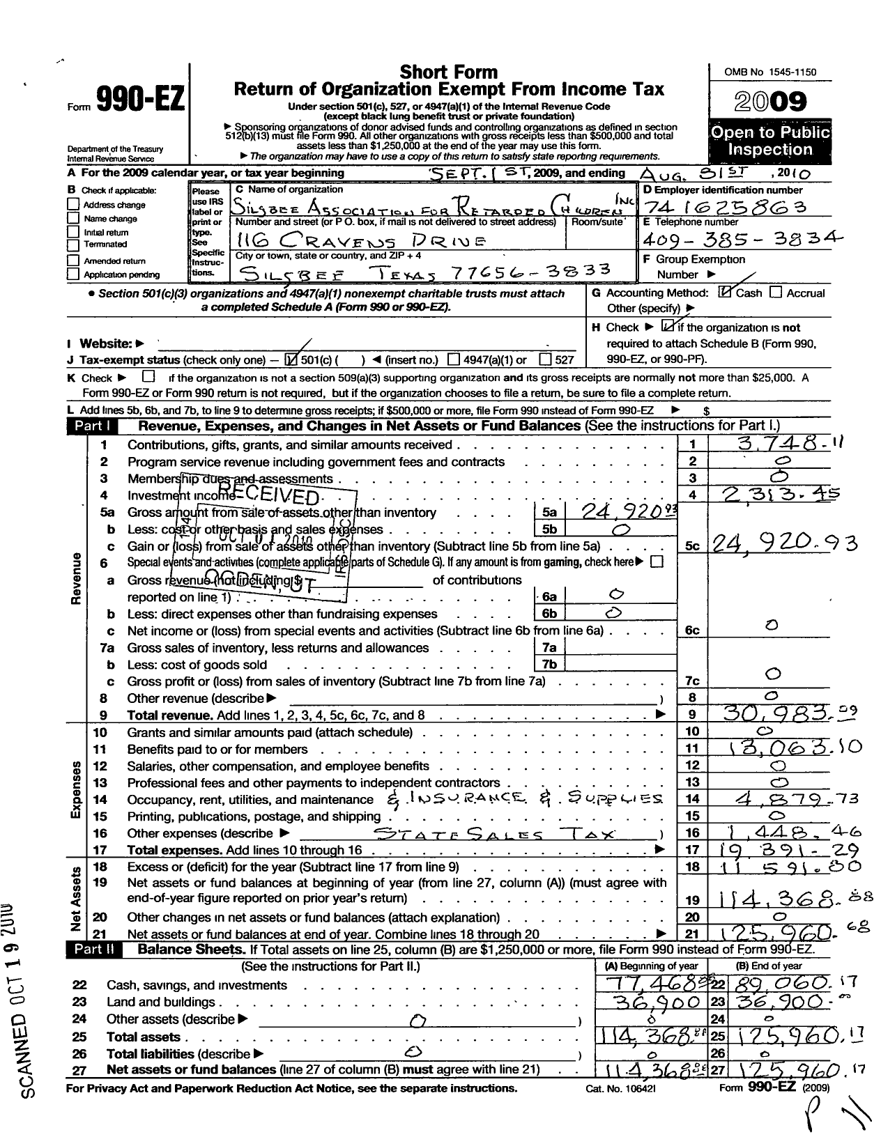 Image of first page of 2009 Form 990EO for Southeast Texas Arc