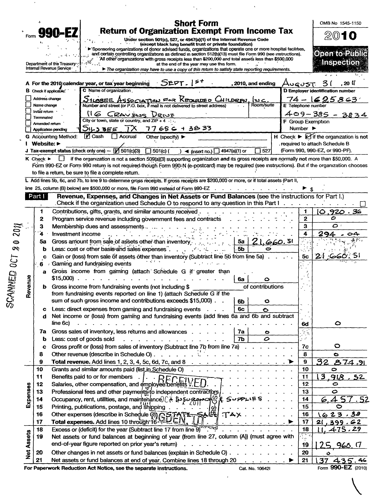 Image of first page of 2010 Form 990EZ for Southeast Texas Arc