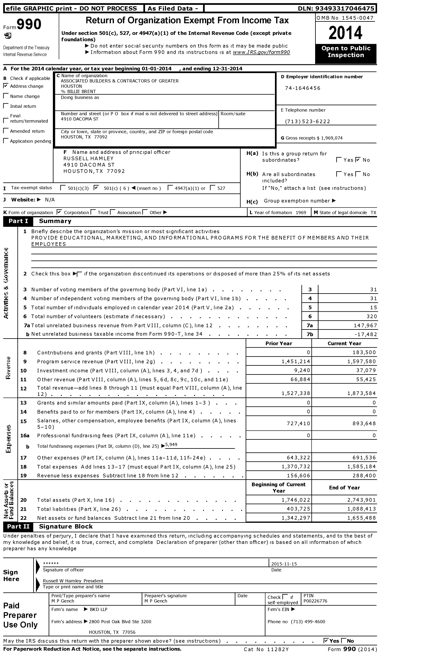 Image of first page of 2014 Form 990O for Associated Builders & Contractors of Greater Houston (ABC)