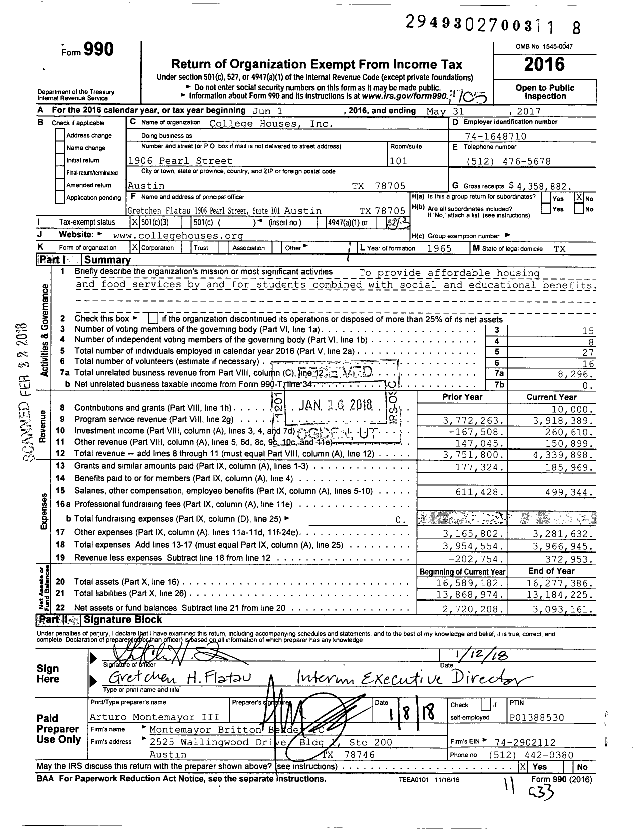 Image of first page of 2016 Form 990 for The College Houses