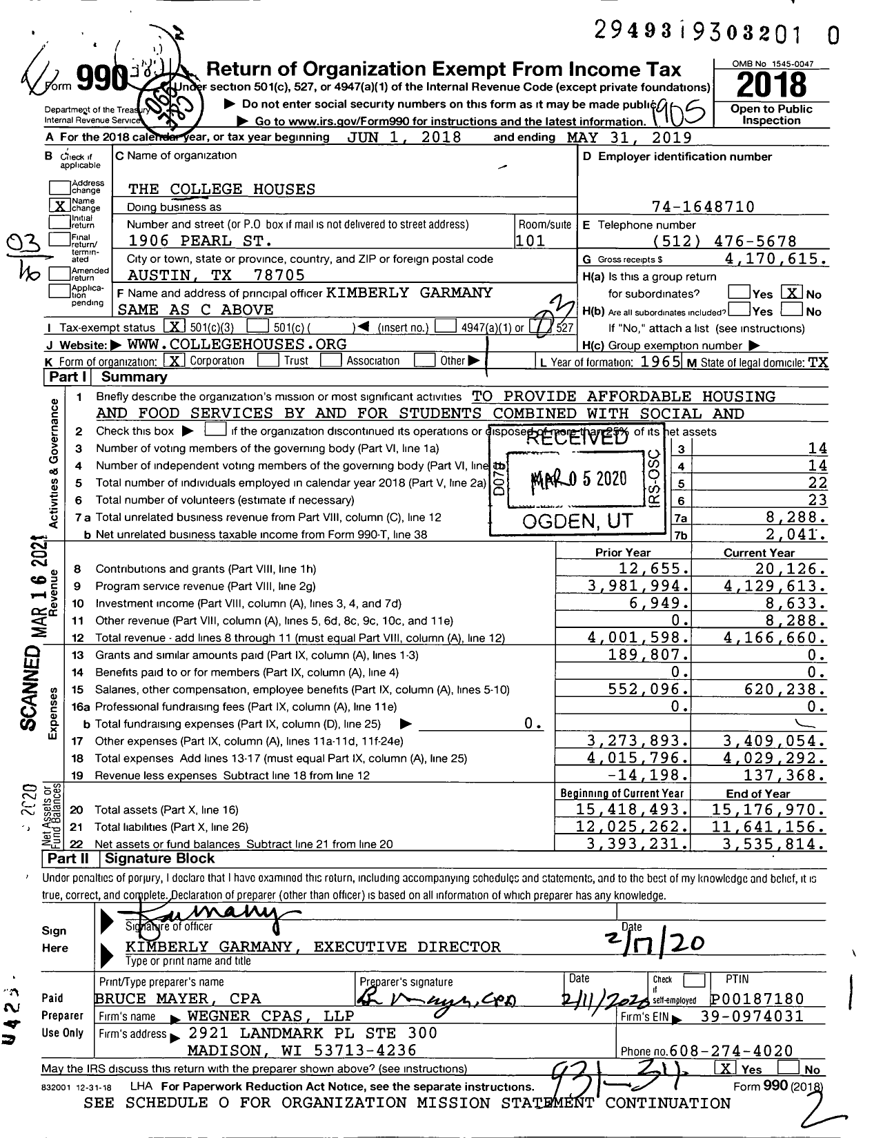Image of first page of 2018 Form 990 for The College Houses