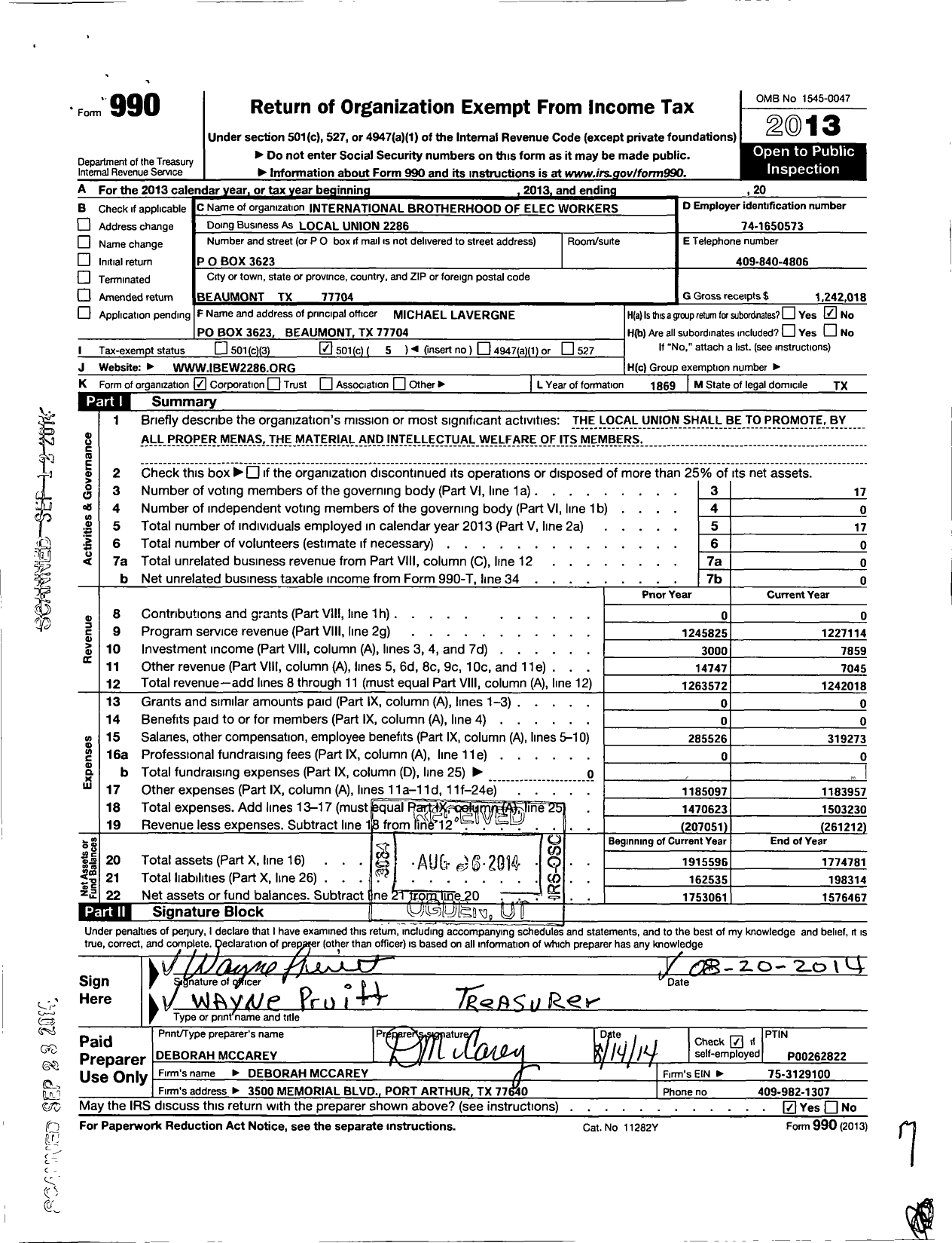 Image of first page of 2013 Form 990O for International Brotherhood of Electrical Workers
