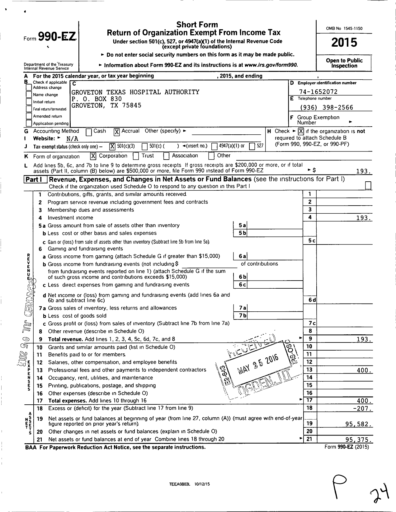 Image of first page of 2015 Form 990EZ for Groveton Texas Hospital Authority