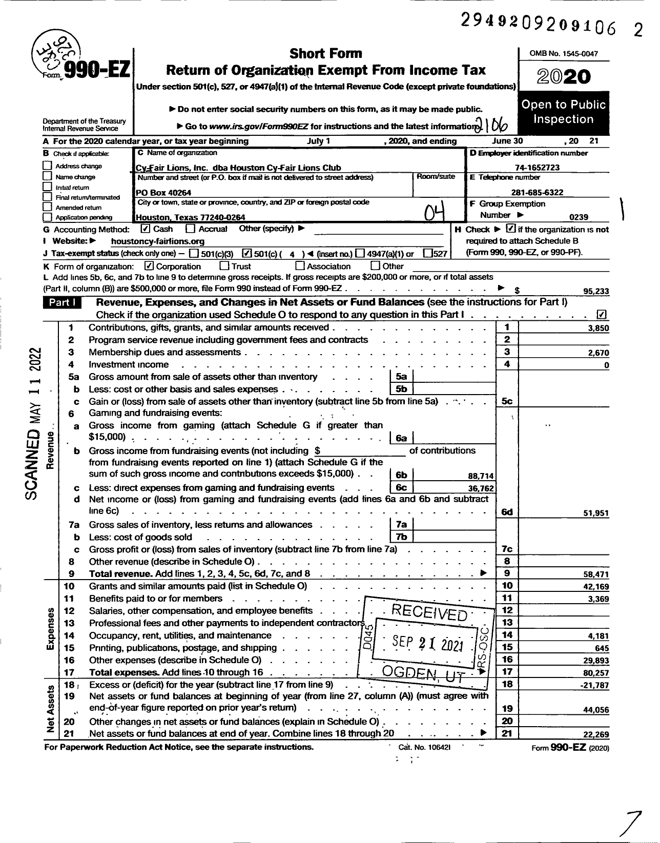 Image of first page of 2020 Form 990EO for LIONS CLUBS - 1440 Houston Cy-FAir