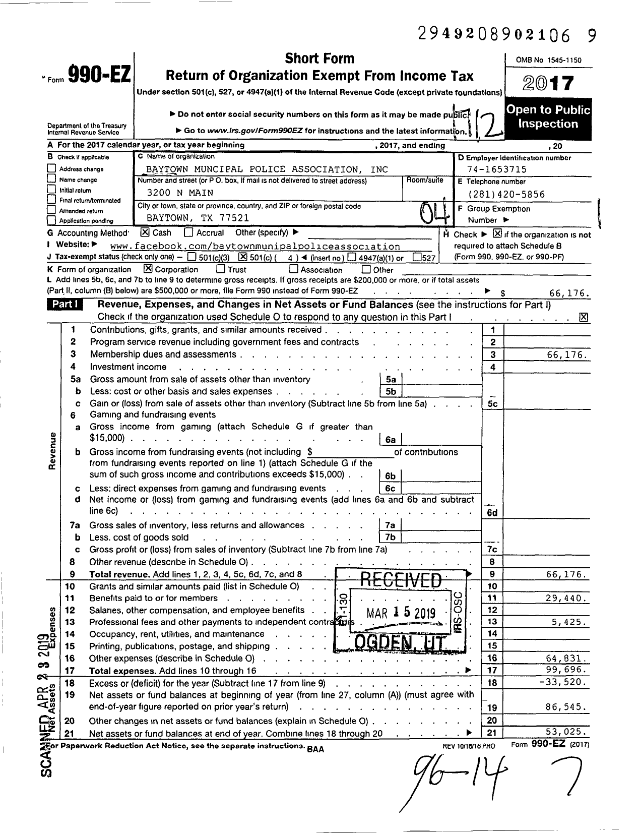 Image of first page of 2017 Form 990EO for Baytown Muncipal Police Association