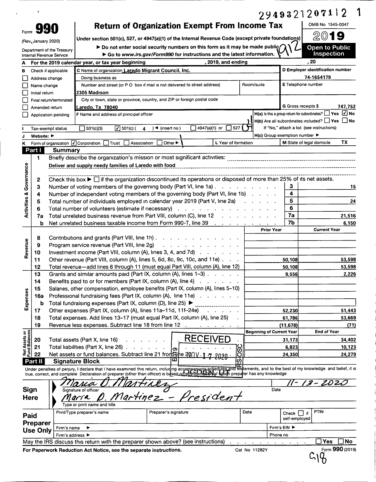 Image of first page of 2019 Form 990O for Laredo Migrant Council