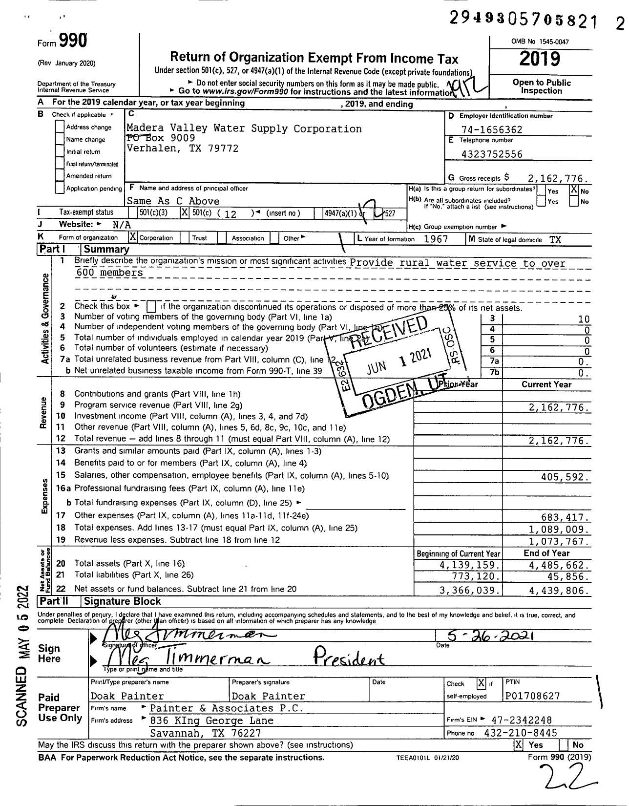 Image of first page of 2019 Form 990O for Madera Valley Water Supply Corporation