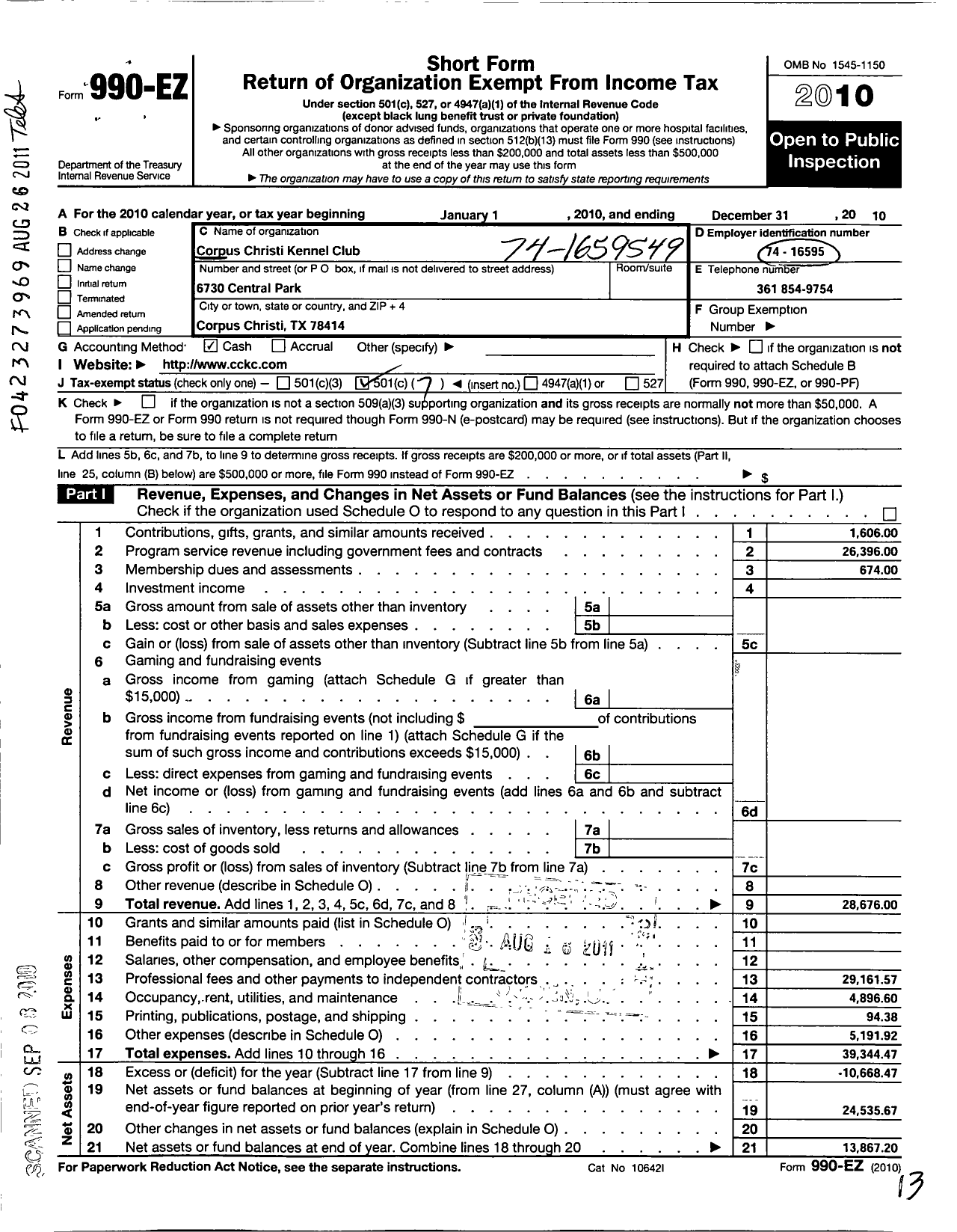 Image of first page of 2010 Form 990EO for Corpus Christi Kennel Club