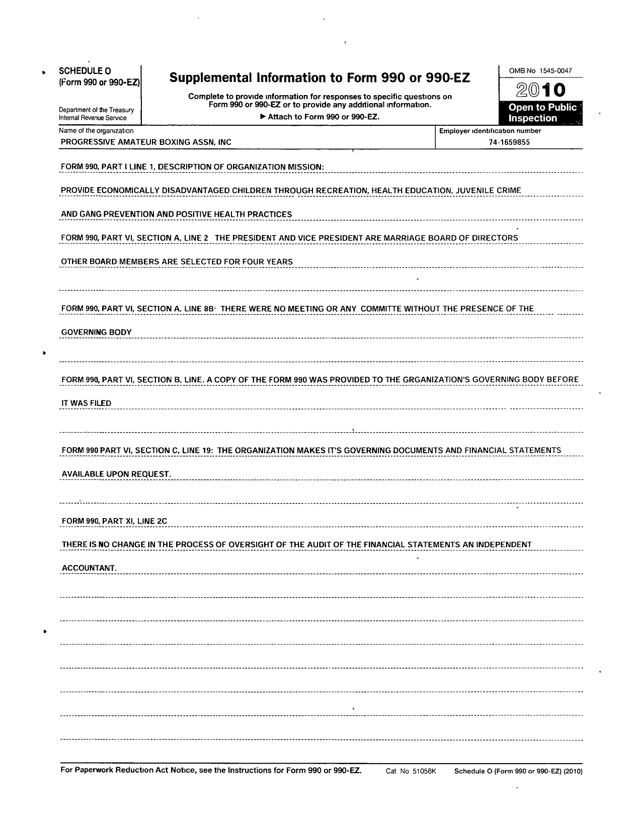 Image of first page of 2010 Form 990R for Progressive Amateur Boxing Association