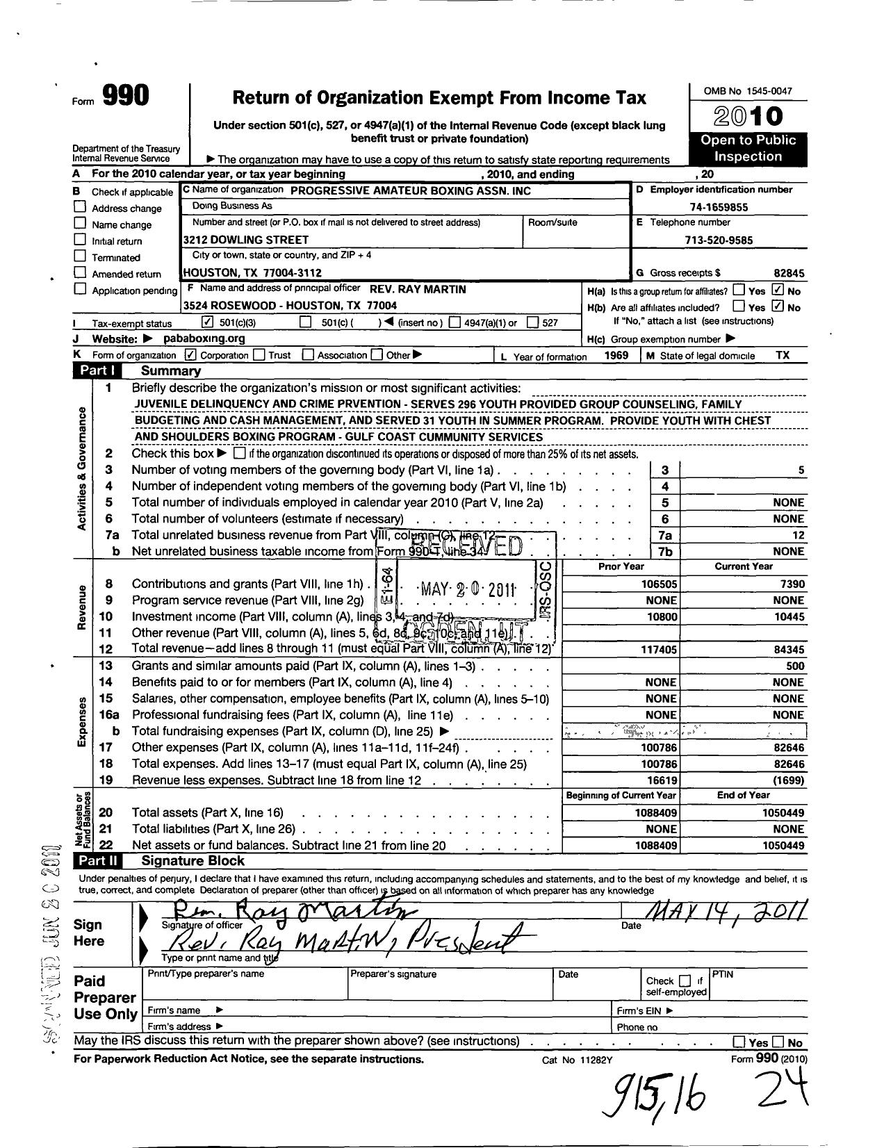 Image of first page of 2010 Form 990 for Progressive Amateur Boxing Association