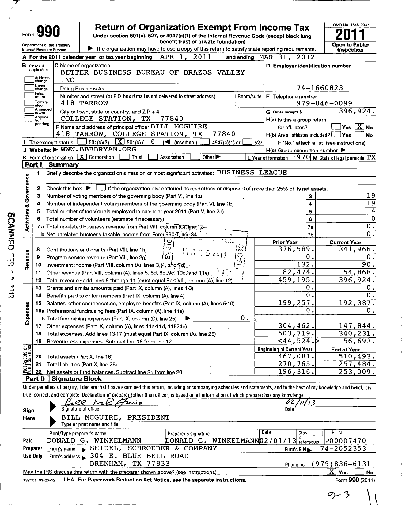 Image of first page of 2011 Form 990O for Better Business Bureau of Brazos Valley