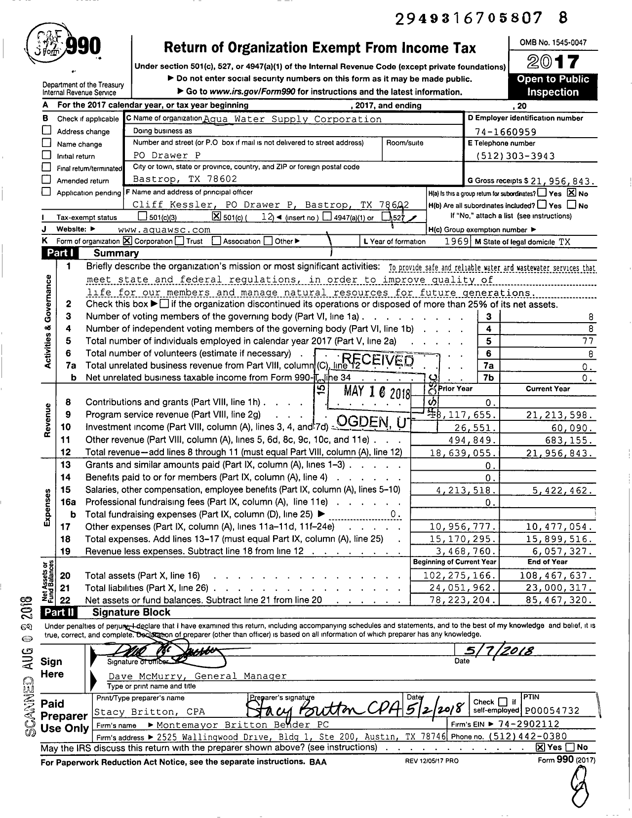Image of first page of 2017 Form 990O for Aqua Water Supply Corporation