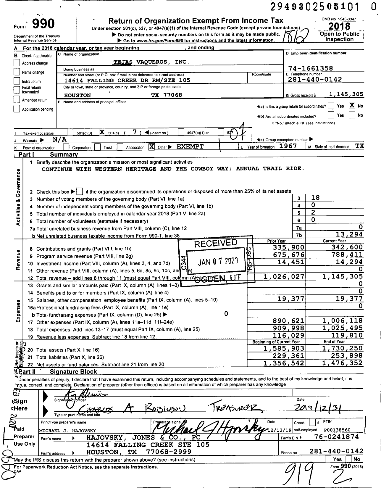 Image of first page of 2018 Form 990O for Tejas Vaqueros