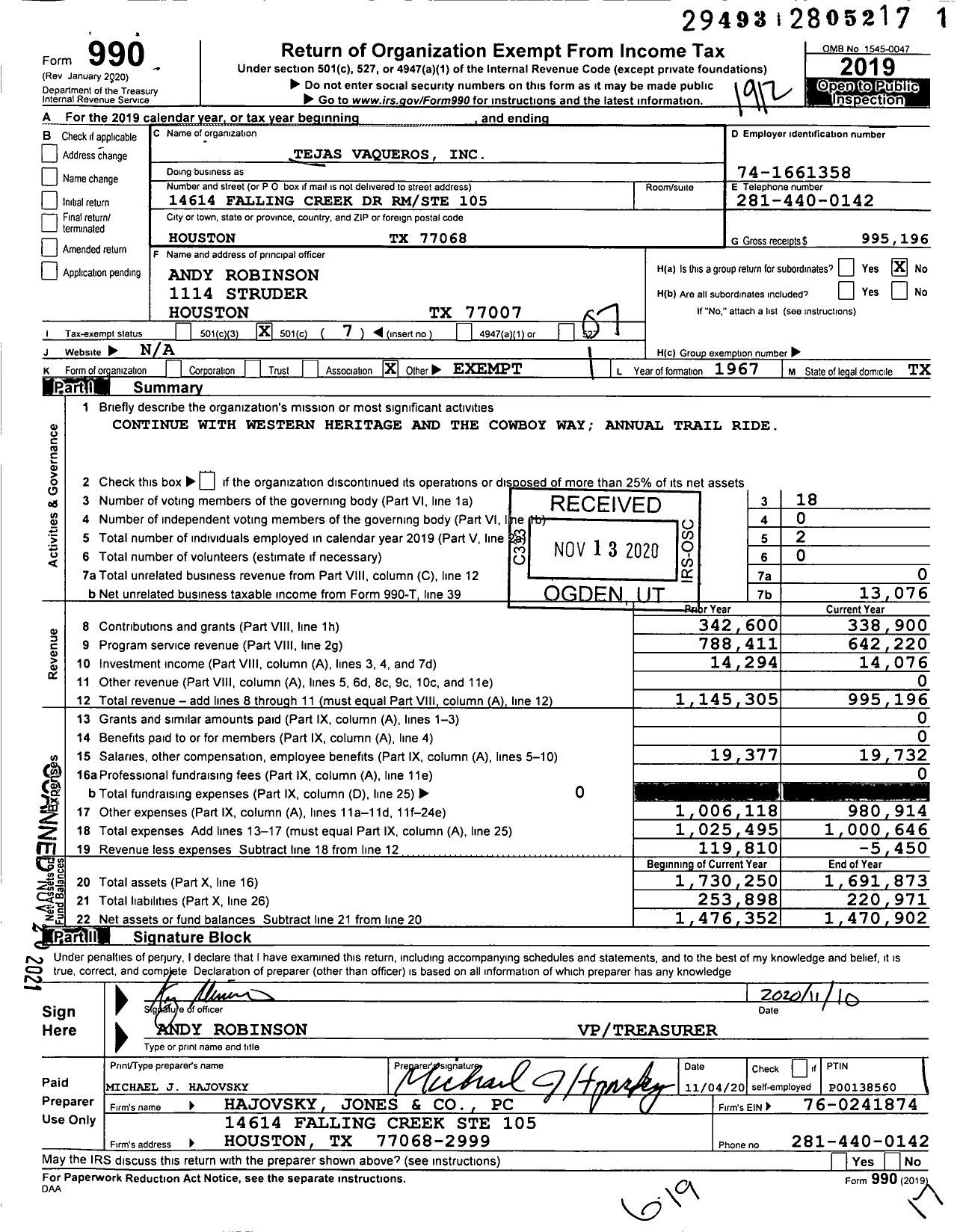 Image of first page of 2019 Form 990O for Tejas Vaqueros